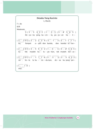 Tema 4 Subtema 1: Lingkungan Sosialku 11
Desaku Yang Kucinta
L. Manik
f = do
6/8
Moderato
5 | 3 . 5 4 3 2 | 1 . . 5 . 5 | 5 . 4 5 6 5 |
	 De - sa - ku yang ku - cin - ta, pu - ja - an ha - ti -
| 3 . . 3 0 5 | 2 . 2 2 3 4 | 3 . . 1 . 3 | 2 . 1 1 7 1 |
ku, Tempat a - yah dan bunda, dan handai to - lan -
| 2 . . 2 0 5 | 3 . 5 4 3 2 | 1 . . 5 . 5 | 5 . 4 5 6 5 |
ku . Tak mudah ku - lu - pa - kan, tak mudah ber - ce -
| 3 . . 3 0 2 | 1 . 1 1 7 6 | 5 . . 3 . 5 | 3 . 5 4 5 2 |
rai . Se - la lu ku - rin - du-kan, de - sa ku yang per -
| 1 . . 1 0 |
mai.
 