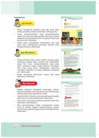 Buku Guru SD/MI Kelas III14
Kegiatan Inti
Ayo AmatiA
•	 Siswa mengamati gambar yang ada pada buku
tentang kondisi sebuah pertemuan. (Mengamati)
•	 Siswa mengidentifikasi hasil pengamatannya,
siapa saja yang ada pada gambar, apa yang sedang
dilakukan,apayangdibicarakan,siapapemimpinnya,
dan lain-lain. (Menalar)
•	 Siswa diberi kesempatan menanyakan apa saja
yang ingin diketahuinya berkaitan dengan hasil
pengamatannya. (Menanya)
Ayo Membaca
•	 Siswa membaca teks secara estafet, seorang siswa
membaca sampai batas tertentu dan dilanjutkan
siswa lain. Guru menginstruksikan siapa yang
akan membaca, kapan siswa berhenti membaca,
dan siapa yang harus melanjutkan temannya
membaca. Kegiatan ini dapat dilakukan beberapa
kali. (Mencoba)
•	 Siswa menjawab pertanyaan sesuai teks yang
dibacanya. (Menalar)
Ayo MenulisA
•	 Setelah kegiatan menjawab pertanyaan selesai,
siswa menuliskan apa saja yang ingin diketahuinya
tentang balai desa atau kantor lurah.
•	 Siswa berlatih menulis surat yang ditujukan kepada
Pak Lurah atau Pak Kepala Desa. (Mencoba)
•	 Surat-surat yang bagus dikirim ke kantor lurah atau
balai desa. (Menyajikan)
•	 Jika memungkinkan, siswa mengunjungi kantor
lurah di tempat tinggal masing-masing, mereka
bisa bertanya jawab dengan Pak Lurah/Kepala Desa.
(Mencoba)
Tema 4 Subtema 1: Lingkungan Sosialku 11
Ayo AmatiA
Sehari sebelum kembali ke kota, Kakek mengajak
Udin pergi ke balai desa. Udin melihat-lihat
suasana balai desa. Kegiatan apa yang Udin lihat
di sana?
12 Buku Siswa SD/MI Kelas III
Ayo Membaca
Bacalah teks di bawah ini dengan suara nyaring!
Musyawarah Desa
Pada hari Sabtu, warga desa berkumpul di
kantor balai desa. Kepala Desa memimpin rapat.
Mereka membicarakan tentang dana sosial.
Dana sosial digunakan untuk membantu warga
yang membutuhkan.
Beberapa warga memberi usulan yang bagus.
Dana sosial dapat digunakan untuk modal
kerja bagi yang membutuhkan. Misalnya, dana
digunakan untuk membeli bibit ikan atau
berjualan sesuatu.
Musyawarah berjalan dengan lancar. Warga
desa merasa senang karena pengambilan
keputusan selalu dilakukan bersama.
Tema 4 Subtema 1: Lingkungan Sosialku 13
Jawablah pertanyaan di bawah ini sesuai bacaan!
1. Apa yang dimusyawarahkan warga desa?
____________________________________________
2. Siapakah yang memimpin musyawarah itu?
____________________________________________
3. Di mana saja musyawarah dapat dilaksanakan?
____________________________________________
4. Mengapa bermusyawarah itu penting?
____________________________________________
5. Apa yang akan terjadi jika keputusan ditentukan
sendiri oleh kepala desa?
____________________________________________
Ayo MenulisA
Bagaimana kebiasaan bermusyawarah di tempat
tinggalmu? Apakah di tempat tinggalmu juga
terdapat balai desa? Apakah sebutannya sama
seperti di desa Kakek Udin? Di kota, balai desa
biasanya disebut kantor lurah.
Kamu bisa berkunjung ke balai desa. Buatlah
pertanyaan tentang hal-hal apa saja yang ingin
kamu ketahui! Kamu dapat membuatnya dalam
bentuk surat. Surat dapat kamu tujukan kepada
kepala desa atau lurah di daerahmu.
 