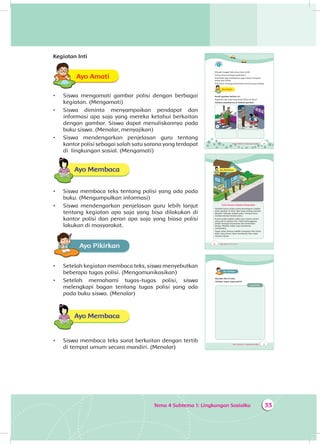 Tema 4 Subtema 1: Lingkungan Sosialku 33
Kegiatan Inti
Ayo AmatiA
•	 Siswa mengamati gambar polisi dengan berbagai
kegiatan. (Mengamati)
•	 Siswa diminta menyampaikan pendapat dan
informasi apa saja yang mereka ketahui berkaitan
dengan gambar. Siswa dapat menuliskannya pada
buku siswa. (Menalar, menyajikan)
•	 Siswa mendengarkan penjelasan guru tentang
kantor polisi sebagai salah satu sarana yang terdapat
di lingkungan sosial. (Mengamati)
Ayo Membaca
•	 Siswa membaca teks tentang polisi yang ada pada
buku. (Mengumpulkan informasi)
•	 Siswa mendengarkan penjelasan guru lebih lanjut
tentang kegiatan apa saja yang bisa dilakukan di
kantor polisi dan peran apa saja yang biasa polisi
lakukan di masyarakat.
Ayo PikirkanA
•	 Setelah kegiatan membaca teks, siswa menyebutkan
beberapa tugas polisi. (Mengomunikasikan)
•	 Setelah memahami tugas-tugas polisi, siswa
melengkapi bagan tentang tugas polisi yang ada
pada buku siswa. (Menalar)
Ayo Membaca
•	 Siswa membaca teks surat berkaitan dengan tertib
di tempat umum secara mandiri. (Menalar)
Tema 4 Subtema 1: Lingkungan Sosialku 35
Tempat tinggal Edo aman dan tertib.
Semua ikut menjaga keamanan.
Pak Polisi juga membantu agar situasi menjadi
aman dan tertib.
Pak Polisi menjaga keamanan untuk semua warga.
Ayo AmatiA
Amati gambar berikut ini.
Kegiatan apa saja yang kamu lihat di sana?
Tuliskan jawabanmu di bawah gambar!
1 2
36 Buku Siswa SD/MI Kelas III
Ayo Membaca
Polisi Ramah Sahabat Masyarakat
Tahukah kamu siapa orang berseragam cokelat
pada gambar di atas? Apa yang sedang mereka
lakukan? Mereka adalah polisi. Tempat kerja
mereka disebut kantor polisi.
Kantor polisi adalah salah satu sarana umum
yang ada di sekitar kita. Polisi bertanggung
jawab menjaga keamanan dan ketertiban
warga. Mereka selalu siap membantu
masyarakat.
Tugas polisi lainnya adalah mengatur lalu lintas.
Jalan yang lancar akan membantu kita cepat
sampai tujuan.
Tema 4 Subtema 1: Lingkungan Sosialku 37
Ayo PikirkanA
Bacalah teks di atas.
Tuliskan tugas-tugas polisi!
Tugas Polisi
 