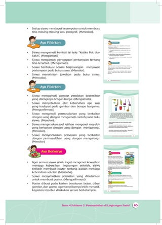 65Tema 4 Subtema 2: Permasalahan di Lingkungan Sosial
•	 Setiap siswa mendapat kesempatan untuk membaca
teks masing-masing satu paragraf. (Mencoba).
Ayo PikirkanA
•	 Siswa mengamati kembali isi teks “Ketika Pak Uun
Sakit”. (Mengamati)
•	 Siswa mengamati pertanyaan-pertanyaan tentang
teks tersebut. (Mengamati).
•	 Siswa berdiskusi secara berpasangan menjawab
pertanyaan pada buku siswa. (Menalar).
•	 Siswa menuliskan jawaban pada buku siswa.
(Mencoba).
Ayo PikirkanA
•	 Siswa mengamati gambar peralatan kebersihan
yang dilengkapi dengan harga. (Mengamati).
•	 Siswa menyebutkan alat kebersihan apa saja
yang terdapat pada gambar dan berapa harganya.
(Mengonfirmasi)
•	 Siswa mengenali permasalahan yang berkaitan
dengan uang dengan mengamati contoh pada buku
siswa. (Menalar).
•	 Siswa mengerjakan soal latihan mengenal masalah
yang berkaitan dengan uang dengan mengurangi.
(Menalar).
•	 Siswa menyelesaikan persoalan yang berkaitan
dengan permasalahan uang dengan mengurangi.
(Menalar)
Ayo BerkaryaA
•	 Agar semua siswa selalu ingat mengenai kewajiban
menjaga kebersihan lingkungan sekolah, siswa
berlatih membuat poster tentang ajakan menjaga
kebersihan sekolah (Mencoba).
•	 Siswa menyebutkan peralatan yang dibutuhkan
untuk membuat poster. (Mengonfirmasi)
•	 Poster dibuat pada karton berukuran besar, diberi
gambar, dan warna agar tampilannya lebih menarik.
Kegiatan tersebut dilakukan secara berkelompok.
82 Buku Siswa SD/MI Kelas III
Ayo PikirkanA
Setelah membaca teks, jawablah pertanyaan-
pertanyaan berikut.
1. Bagaimana kondisi sekolah Beni saat ini? ...
2. Mengapa sekolah Beni kotor saat Pak Uun
sakit? ...
3. Mengapa anak-anak banyak yang sakit? ...
4. Menurutmu, siapa saja yang berkewajiban
menjaga kebersihan sekolah? ...
5. Apa akibat jika kita tidak menjaga kebersihan
bersama? ...
Ayo PikirkanA
Beni dan teman-temannya berencana bekerja
bakti membersihkan lingkungan sekolah. Mereka
mengumpulkan uang untuk membeli barang
kebutuhan.
Beni dan teman-teman membuat daftar barang-
barang yang harus dibeli seperti terurai dalam
gambar.
83Tema 4 Subtema 2: Permasalahan di Lingkungan Sosial
Sapu lantai (Rp5.000,00), Lap pel (Rp3.000,00),
kemoceng(Rp5.000,00), sapu lidi (Rp3.000,00),
pengki (Rp3.500,00), lap kaca (Rp3.000,00), ember
(Rp5.000,00), tempat sampah (Rp5.000,00), gayung
(Rp3.000,00), sabun (Rp3.000,00), sikat(Rp3.000,00),
karbol (Rp5.000,00)
Amati daftar harga alat-alat kebersihan pada
gambar!
Jika uang yang dikumpulkan Beni dan teman-
tamnnya adalah Rp10.000,00, apakah semua alat
kebersihan pada gambar dapat dibeli?
_______________________________________________
Jika tidak, menurutmu apa yang akan dilakukan
Beni dan teman-temannya? Jelaskan!
_______________________________________________
86 Buku Siswa SD/MI Kelas III
Ayo BerkaryaA
Beni dan teman-temannya
ingin mengajak warga sekolah
menjaga kebersihan. Mereka
sedang membuat poster. Poster
itu juga akan menjadi hiasan
dinding sekolah. Bisakah kamu
membuat poster seperti Beni?
Kamu dapat menggunakan
krayon atau pensil warna. Kamu juga dapat
menggunakan alat lukis lain yang kamu suka.
Gunakan karton dan beri hiasan agar lebih
menarik.
Ayo Simpulkan
Kegiatan apa saja yang kamu lakukan hari ini?
Simpulkan bersama teman-teman dan gurumu!
Tutuplah kegiatan dengan bersyukur kepada Tuhan
akan karunia-Nya pada hari ini!
Kegiatan Bersama Orang Tua
Orang tua membimbing siswa berlatih
membersihkan rumah terutama kebersihan kamar
dan toilet.
 