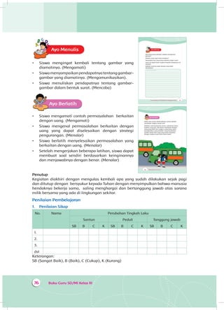 Buku Guru SD/MI Kelas III76
Ayo MenulisA
•	 Siswa mengingat kembali tentang gambar yang
diamatinya. (Mengamati)
•	 Siswamenyampaikanpendapatnyatentanggambar-
gambar yang diamatinya. (Mengomunikasikan).
•	 Siswa menuliskan pendapatnya tentang gambar-
gambar dalam bentuk surat. (Mencoba)
Ayo Berlatih
•	 Siswa mengamati contoh permasalahan berkaitan
dengan uang. (Mengamati)
•	 Siswa mengenal permasalahan berkaitan dengan
uang yang dapat diselesaikan dengan strategi
pengurangan. (Menalar)
•	 Siswa berlatih menyelesaikan permasalahan yang
berkaitan dengan uang. (Menalar)
•	 Setelah mengerjakan beberapa latihan, siswa dapat
membuat soal sendiri berdasarkan keinginannya
dan menjawabnya dengan benar. (Menalar)
Penutup
Kegiatan diakhiri dengan mengulas kembali apa yang sudah dilakukan sejak pagi
dan ditutup dengan bersyukur kepada Tuhan dengan menyimpulkan bahwa manusia
hendaknya bekerja sama, saling menghargai dan bertanggung jawab atas sarana
milik bersama yang ada di lingkungan sekitar.
Penilaian Pembelajaran
1.	 Penilaian Sikap
No. Nama Perubahan Tingkah Laku
Santun Peduli Tanggung jawab
SB B C K SB B C K SB B C K
1.
2.
3.
dst
Keterangan:
SB (Sangat Baik), B (Baik), C (Cukup), K (Kurang)
99Tema 4 Subtema 2: Permasalahan di Lingkungan Sosial
Ayo MenulisA
Apa yang kamu pikirkan setelah mengamati
gambar?
Adakah yang ingin kamu katakan?
Sampaikan apa yang kamu pikirkan lewat surat!
Surat itu dapat kamu tujukan kepada sahabatmu di
sekolah!
Tulislah suratmu pada tempat yang telah
disediakan!
Tempat menulis surat
____________________________________________
____________________________________________
____________________________________________
____________________________________________
____________________________________________
____________________________________________
____________________________________________
____________________________________________
____________________________________________
____________________________________________
____________________________________________
____________________________________________
100 Buku Siswa SD/MI Kelas III
Ayo Berlatih
Salah satu aturan berkendaraan umum adalah
membayar ongkos sesuai tarif.
Sebelum naik kendaraan umum, sebaiknya kamu
siapkan uang pas. Jika kamu membayar dengan
uang yang lebih dari ongkos, maka kamu akan
mendapatkan uang kembali. Uang kembalimu
adalah selisih dari uang yang kamu bayarkan
dengan ongkos yang harus kamu bayar.
 
