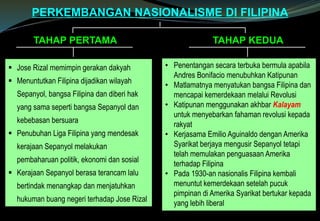 TAHAP KEDUA
PERKEMBANGAN NASIONALISME DI FILIPINA
TAHAP PERTAMA
 Jose Rizal memimpin gerakan dakyah
 Menuntutkan Filipina dijadikan wilayah
Sepanyol, bangsa Filipina dan diberi hak
yang sama seperti bangsa Sepanyol dan
kebebasan bersuara
 Penubuhan Liga Filipina yang mendesak
kerajaan Sepanyol melakukan
pembaharuan politik, ekonomi dan sosial
 Kerajaan Sepanyol berasa terancam lalu
bertindak menangkap dan menjatuhkan
hukuman buang negeri terhadap Jose Rizal
• Penentangan secara terbuka bermula apabila
Andres Bonifacio menubuhkan Katipunan
• Matlamatnya menyatukan bangsa Filipina dan
mencapai kemerdekaan melalui Revolusi
• Katipunan menggunakan akhbar Kalayam
untuk menyebarkan fahaman revolusi kepada
rakyat
• Kerjasama Emilio Aguinaldo dengan Amerika
Syarikat berjaya mengusir Sepanyol tetapi
telah memulakan penguasaan Amerika
terhadap Filipina
• Pada 1930-an nasionalis Filipina kembali
menuntut kemerdekaan setelah pucuk
pimpinan di Amerika Syarikat bertukar kepada
yang lebih liberal
 