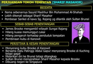 PERJUANGAN TOKOH TEMPATAN (SHARIF MASAHOR)
BIODATA
 Nama sebenarnya Sayyid Mashhur Bin Muhammad Al-Shahab
 Lebih dikenali sebagai Sharif Masahor
 Pembesar Sarikei di kaws Sg. Rajang yg dilantik oleh Sultan Brunei
SEBAB-SEBAB PENENTANGAN
 James Brooke mengambil wilayah Sungai Rajang
 Hilang kuasa memunggut cukai
 Hilang pengaruh terhadap penduduk tempatan
 Pembinaan kubu di Kanowit
PERISTIWA & KESAN PENENTANGAN
 Menyerang kubu Brooke di Kanowit
 Bersama Datu Patinggi Abdul Gapur menyerang Brooke di Kuching
tetapi gagal
 Melarikan diri ke Brunei tetapi ditangkap
 Sultan Brunei menyerahkan Sharif Masahor kepada Brooke
 Dibuang negeri ke Singapura
 
