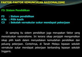 FAKTOR-FAKTOR KEMUNCULAN NASIONALISME
F3: Sistem Pendidikan
F3 : Sistem pendidikan
H3a : Pilih kasih
C3 : Sekolah vernakular sukar mendapat pekerjaan
Di samping itu sistem pendidikan juga merupakan faktor yang
mencetuskan nasionalisme. Ini kerana sikap penjajah mengamalkan
sikap pilih kasih dalam menyediakan kemudahan pendidikan dan
peluang pekerjaan. Contohnya, di Tanah Melayu lepasan sekolah
vernakular sukar mendapat pekerjaan berbanding lepasan sekolah
Inggeris.
 