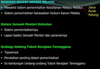 WARISAN NEGERI-NEGERI MELAYU
 Mewarisi sistem pemerintahan Kesultanan Melayu Melaka
 Sistem pemerintahan berasaskan Hukum Kanun Melaka
Johor
Perak
Pahang
Sistem Jemaah Menteri Kelantan
 Sistem pemerintahannya
 Lapan badan Jemaah Menteri dan peranannya
Undang-Undang Tubuh Kerajaan Terengganu
 Tujuannya
 Perubahan penting dalam pemerintahan
 Isi kandungan Undang-undang Tubuh Kerajaan Terengganu
 