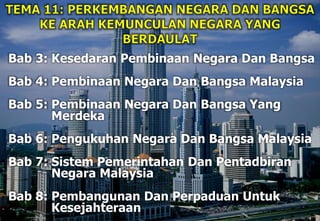 Bab 3: Kesedaran Pembinaan Negara Dan Bangsa
Bab 4: Pembinaan Negara Dan Bangsa Malaysia
Bab 5: Pembinaan Negara Dan Bangsa Yang
Merdeka
Bab 6: Pengukuhan Negara Dan Bangsa Malaysia
Bab 7: Sistem Pemerintahan Dan Pentadbiran
Negara Malaysia
Bab 8: Pembangunan Dan Perpaduan Untuk
Kesejahteraan
 