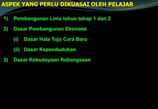 1) Pembangunan Lima tahun tahap 1 dan 2
2) Dasar Pembangunan Ekonomi
(i) Dasar Hala Tuju Cara Baru
(ii) Dasar Kependudukan
3) Dasar Kebudayaan Kebangsaan
ASPEK YANG PERLU DIKUASAI OLEH PELAJAR
 