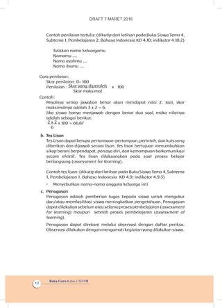 Buku Guru Kelas 1 SD/MI
xii
Contoh penilaian tertulis: (dikutip dari latihan pada Buku Siswa Tema 4,
Subtema 1, Pembelajaran 2. Bahasa Indonesia KD 4.10; indikator 4.10.2)
Tuliskan nama keluargamu
Namamu ....
Nama ayahmu ....
Nama ibumu ....
Cara penilaian:
Skor penilaian: 0- 100
Penilaian : Skor yang diperoleh
Skor maksimal
x 100
Contoh:
Misalnya setiap jawaban benar akan mendapat nilai 2. Jadi, skor
maksimalnya adalah 3 x 2 = 6.
Jika siswa hanya menjawab dengan benar dua soal, maka nilainya
adalah sebagai berikut:
2 x 2
6
x 100 = 66,67
b.	 Tes Lisan
Tes Lisan dapat berupa pertanyaan-pertanyaan, perintah, dan kuis yang
diberikan dan dijawab secara lisan. Tes lisan bertujuan menumbuhkan
sikap berani berpendapat, percaya diri, dan kemampuan berkomunikasi
secara efektif. Tes lisan dilaksanakan pada saat proses belajar
berlangsung (assessment for learning).
Contoh tes lisan: (dikutip dari latihan pada Buku Siswa Tema 4, Subtema
1, Pembelajaran 1. Bahasa Indonesia KD 4.9; indikator 4.9.3)
•	 Menyebutkan nama-nama anggota keluarga inti
c.	 Penugasan
Penugasan adalah pemberian tugas kepada siswa untuk mengukur
dan/atau memfasilitasi siswa meningkatkan pengetahuan. Penugasan
dapat dilakukan sebelum atau selama proses pembelajaran (assessment
for learning) maupun setelah proses pembelajaran (assessment of
learning).
Penugasan dapat direkam melalui observasi dengan daftar periksa.
Observasi dilakukan dengan mengamati kegiatan yang dilakukan siswa.
DRAFT 7 MARET 2016
 