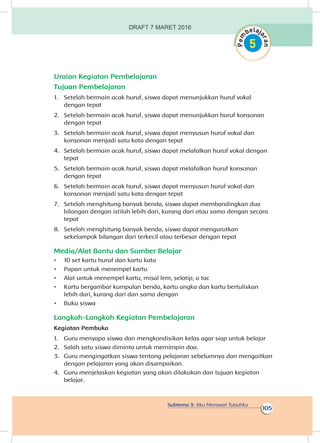 Subtema 3: Aku Merawat Tubuhku
105
Uraian Kegiatan Pembelajaran
Tujuan Pembelajaran
1.	 Setelah bermain acak huruf, siswa dapat menunjukkan huruf vokal
dengan tepat
2.	 Setelah bermain acak huruf, siswa dapat menunjukkan huruf konsonan
dengan tepat
3.	 Setelah bermain acak huruf, siswa dapat menyusun huruf vokal dan
konsonan menjadi satu kata dengan tepat
4.	 Setelah bermain acak huruf, siswa dapat melafalkan huruf vokal dengan
tepat
5.	 Setelah bermain acak huruf, siswa dapat melafalkan huruf konsonan
dengan tepat
6.	 Setelah bermain acak huruf, siswa dapat menyusun huruf vokal dan
konsonan menjadi satu kata dengan tepat
7.	 Setelah menghitung banyak benda, siswa dapat membandingkan dua
bilangan dengan istilah lebih dari, kurang dari atau sama dengan secara
tepat
8.	 Setelah menghitung banyak benda, siswa dapat mengurutkan
sekelompok bilangan dari terkecil atau terbesar dengan tepat
Media/Alat Bantu dan Sumber Belajar
•	 10 set kartu huruf dan kartu kata
•	 Papan untuk menempel kartu
•	 Alat untuk menempel kartu, misal lem, selotip, u tac
•	 Kartu bergambar kumpulan benda, kartu angka dan kartu bertuliskan
lebih dari, kurang dari dan sama dengan
•	 Buku siswa
Langkah-Langkah Kegiatan Pembelajaran
Kegiatan Pembuka
1.	 Guru menyapa siswa dan mengkondisikan kelas agar siap untuk belajar
2.	 Salah satu siswa diminta untuk memimpin doa.
3.	 Guru mengingatkan siswa tentang pelajaran sebelumnya dan mengaitkan
dengan pelajaran yang akan disampaikan.
4.	 Guru menjelaskan kegiatan yang akan dilakukan dan tujuan kegiatan
belajar.
DRAFT 7 MARET 2016
 