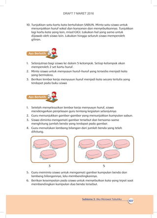 Subtema 3: Aku Merawat Tubuhku
107
10.	Tunjukkan satu kartu kata bertuliskan SABUN. Minta satu siswa untuk
menunjukkan huruf vokal dan konsonan dan menyebutkannya. Tunjukkan
lagi kartu kata yang lain, misal GIGI. Lakukan hal yang sama untuk
dijawab oleh siswa lain. Lakukan hingga seluruh siswa memperoleh
giliran.
Ayo Berlatihh
1.	 Selanjutnya bagi siswa ke dalam 5 kelompok. Setiap kelompok akan
memperoleh 2 set kartu huruf.
2.	 Minta siswa untuk menyusun huruf-huruf yang tersedia menjadi kata
yang bermakna.
3.	 Berikan lembar kerja menyusun huruf menjadi kata secara tertulis yang
terdapat pada buku siswa
Ayo Berlatihh
1.	 Setelah menyelesaikan lembar kerja menyusun huruf, siswa
mendengarkan penjelasan guru tentang kegiatan selanjutnya
2.	 Guru menunjukkan gambar-gambar yang menunjukkan kumpulan sabun.
3.	 Siswa diminta mengamati gambar tersebut dan bersama-sama
menghitung jumlah benda yang terdapat pada gambar.
4.	 Guru menuliskan lambang bilangan dari jumlah benda yang telah
dihitung.
3 5
5.	 Guru meminta siswa untuk mengamati gambar kumpulan benda dan
lambang bilangannya, lalu membandingkannya.
6.	 Berikan kesempatan pada siswa untuk menyebutkan kata yang tepat saat
membandingkan kumpulan dua benda tersebut.
DRAFT 7 MARET 2016
 