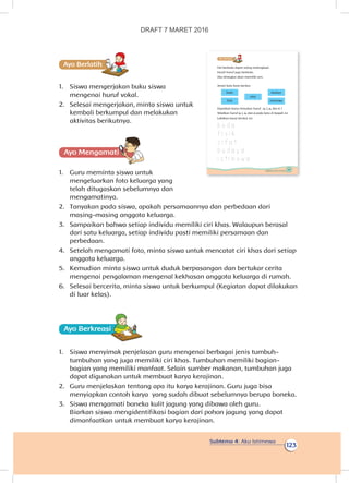 Subtema 4: Aku Istimewa
123
Ayo Berlatihh
1.	 Siswa mengerjakan buku siswa
mengenai huruf vokal.
2.	 Selesai mengerjakan, minta siswa untuk
kembali berkumpul dan melakukan
aktivitas berikutnya.
Ayo Mengamatii
1.	 Guru meminta siswa untuk
mengeluarkan foto keluarga yang
telah ditugaskan sebelumnya dan
mengamatinya.
2.	 Tanyakan pada siswa, apakah persamaannya dan perbedaan dari
masing-masing anggota keluarga.
3.	 Sampaikan bahwa setiap individu memiliki ciri khas. Walaupun berasal
dari satu keluarga, setiap individu pasti memiliki persamaan dan
perbedaan.
4.	 Setelah mengamati foto, minta siswa untuk mencatat ciri khas dari setiap
anggota keluarga.
5.	 Kemudian minta siswa untuk duduk berpasangan dan bertukar cerita
mengenai pengalaman mengenal kekhasan anggota keluarga di rumah.
6.	 Selesai bercerita, minta siswa untuk berkumpul (Kegiatan dapat dilakukan
di luar kelas).
Ayo Berkreasii
1.	 Siswa menyimak penjelasan guru mengenai berbagai jenis tumbuh-
tumbuhan yang juga memiliki ciri khas. Tumbuhan memiliki bagian-
bagian yang memiliki manfaat. Selain sumber makanan, tumbuhan juga
dapat digunakan untuk membuat karya kerajinan.
2.	 Guru menjelaskan tentang apa itu karya kerajinan. Guru juga bisa
menyiapkan contoh karya yang sudah dibuat sebelumnya berupa boneka.
3.	 Siswa mengamati boneka kulit jagung yang dibawa oleh guru.
Biarkan siswa mengidentifikasi bagian dari pohon jagung yang dapat
dimanfaatkan untuk membuat karya kerajinan.
117Subtema 4: Aku Istimewa
Ayo Berlatihh
Hal berbeda dapat saling melengkapi.
Huruf-huruf juga berbeda.
Jika dirangkai akan memiliki arti.
Amati kata-kata berikut
beda
sifat
budaya
fisik istimewa
Dapatkah kamu temukan huruf : a, i, u, dan e ?
Tebalkan huruf a, i, u, dan e pada kata di bawah ini
Lafalkan bunyi berikut ini.
b e d a
f i s i k
s i f a t
b u d a y a
i s t i m e w a
DRAFT 7 MARET 2016
 