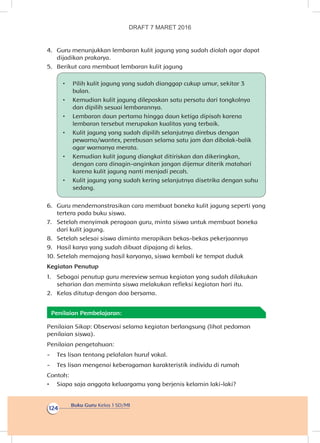 Buku Guru Kelas 1 SD/MI
124
4.	 Guru menunjukkan lembaran kulit jagung yang sudah diolah agar dapat
dijadikan prakarya.
5.	 Berikut cara membuat lembaran kulit jagung
•	 Pilih kulit jagung yang sudah dianggap cukup umur, sekitar 3
bulan.
•	 Kemudian kulit jagung dilepaskan satu persatu dari tongkolnya
dan dipilih sesuai lembarannya.
•	 Lembaran daun pertama hingga daun ketiga dipisah karena
lembaran tersebut merupakan kualitas yang terbaik.
•	 Kulit jagung yang sudah dipilih selanjutnya direbus dengan
pewarna/wantex, perebusan selama satu jam dan dibolak-balik
agar warnanya merata.
•	 Kemudian kulit jagung diangkat ditiriskan dan dikeringkan,
dengan cara dinagin-anginkan jangan dijemur diterik matahari
karena kulit jagung nanti menjadi pecah.
•	 Kulit jagung yang sudah kering selanjutnya disetrika dengan suhu
sedang.
6.	 Guru mendemonstrasikan cara membuat boneka kulit jagung seperti yang
tertera pada buku siswa.
7.	 Setelah menyimak peragaan guru, minta siswa untuk membuat boneka
dari kulit jagung.
8.	 Setelah selesai siswa diminta merapikan bekas-bekas pekerjaannya
9.	 Hasil karya yang sudah dibuat dipajang di kelas.
10.	Setelah memajang hasil karyanya, siswa kembali ke tempat duduk
Kegiatan Penutup
1.	 Sebagai penutup guru mereview semua kegiatan yang sudah dilakukan
seharian dan meminta siswa melakukan refleksi kegiatan hari itu.
2.	 Kelas ditutup dengan doa bersama.
Penilaian Pembelajaran:
Penilaian Sikap: Observasi selama kegiatan berlangsung (lihat pedoman
penilaian siswa).
Penilaian pengetahuan:
-	 Tes lisan tentang pelafalan huruf vokal.
-	 Tes lisan mengenai keberagaman karakteristik individu di rumah
Contoh:
•	 Siapa saja anggota keluargamu yang berjenis kelamin laki-laki?
DRAFT 7 MARET 2016
 