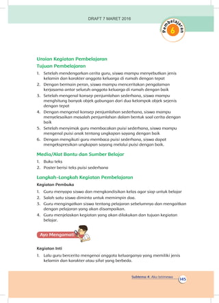 Subtema 4: Aku Istimewa
145
Uraian Kegiatan Pembelajaran
Tujuan Pembelajaran
1.	 Setelah mendengarkan cerita guru, siswa mampu menyebutkan jenis
kelamin dan karakter anggota keluarga di rumah dengan tepat
2.	 Dengan bermain peran, siswa mampu menceritakan pengalaman
kerjasama antar seluruh anggota keluarga di rumah dengan baik
3.	 Setelah mengenal konsep penjumlahan sederhana, siswa mampu
menghitung banyak objek gabungan dari dua kelompok objek sejenis
dengan tepat
4.	 Dengan mengenal konsep penjumlahan sederhana, siswa mampu
menyelesaikan masalah penjumlahan dalam bentuk soal cerita dengan
baik
5.	 Setelah menyimak guru membacakan puisi sederhana, siswa mampu
mengenal puisi anak tentang ungkapan sayang dengan baik
6.	 Dengan mengikuti guru membaca puisi sederhana, siswa dapat
mengekspresikan ungkapan sayang melalui puisi dengan baik.
Media/Alat Bantu dan Sumber Belajar
1.	 Buku teks
2.	 Poster berisi teks puisi sederhana
Langkah-Langkah Kegiatan Pembelajaran
Kegiatan Pembuka
1.	 Guru menyapa siswa dan mengkondisikan kelas agar siap untuk belajar
2.	 Salah satu siswa diminta untuk memimpin doa.
3.	 Guru mengingatkan siswa tentang pelajaran sebelumnya dan mengaitkan
dengan pelajaran yang akan disampaikan.
4.	 Guru menjelaskan kegiatan yang akan dilakukan dan tujuan kegiatan
belajar.
Ayo Mengamatii
Kegiatan Inti
1.	 Lalu guru bercerita mengenai anggota keluarganya yang memiliki jenis
kelamin dan karakter atau sifat yang berbeda.
DRAFT 7 MARET 2016
 