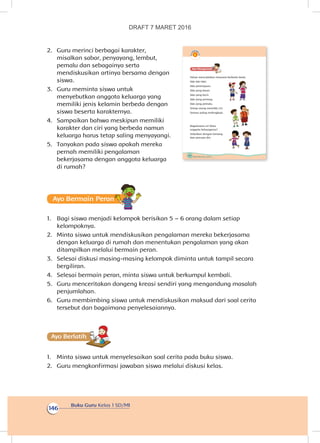 Buku Guru Kelas 1 SD/MI
146
2.	 Guru merinci berbagai karakter,
misalkan sabar, penyayang, lembut,
pemalu dan sebagainya serta
mendiskusikan artinya bersama dengan
siswa.
3.	 Guru meminta siswa untuk
menyebutkan anggota keluarga yang
memiliki jenis kelamin berbeda dengan
siswa beserta karakternya.
4.	 Sampaikan bahwa meskipun memiliki
karakter dan ciri yang berbeda namun
keluarga harus tetap saling menyayangi.
5.	 Tanyakan pada siswa apakah mereka
pernah memiliki pengalaman
bekerjasama dengan anggota keluarga
di rumah?
Ayo Bermain Peran
1.	 Bagi siswa menjadi kelompok berisikan 5 – 6 orang dalam setiap
kelompoknya.
2.	 Minta siswa untuk mendiskusikan pengalaman mereka bekerjasama
dengan keluarga di rumah dan menentukan pengalaman yang akan
ditampilkan melalui bermain peran.
3.	 Selesai diskusi masing-masing kelompok diminta untuk tampil secara
bergiliran.
4.	 Selesai bermain peran, minta siswa untuk berkumpul kembali.
5.	 Guru menceritakan dongeng kreasi sendiri yang mengandung masalah
penjumlahan.
6.	 Guru membimbing siswa untuk mendiskusikan maksud dari soal cerita
tersebut dan bagaimana penyelesaiannya.
Ayo Berlatihh
1.	 Minta siswa untuk menyelesaikan soal cerita pada buku siswa.
2.	 Guru mengkonfirmasi jawaban siswa melalui diskusi kelas.
140 Buku Siswa Kelas 1 SD/MI
Ayo Mengamatii
Tuhan menciptakan manusia berbeda-beda.
Ada laki-laki.
Ada perempuan.
Ada yang besar.
Ada yang kecil.
Ada yang periang.
Ada yang pemalu.
Setiap orang memiliki ciri.
Semua saling melengkapi.
Bagaimana ciri khas
anggota keluargamu?
Sebutkan dengan lantang
dan percaya diri.
DRAFT 7 MARET 2016
 