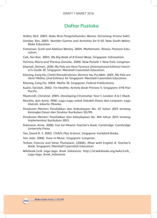 Buku Guru Kelas 1 SD/MI
150
Daftar Pustaka
Ardley, Neil. 2003. Buku Ilmu Pengetahuanku: Warna. Semarang: Krisna Sakti.
Dunbar, Bev. 2003. Number Games and Activities for 0-10. New South Wales:
Blake Education.
Foresman, Scott and Addison Wesley. 2004. Mathematic. Illinois: Pearson Edu-
cation.
Gek, Tan Bee. 2003. My Big Book of 8 Smart Ways. Singapore: Ednovation.
Herrera, Mario and Theresa Zanatta. 2000. New Parade 1. New York: Longman.
Khanali, Shireen. 2010. My Pals are Here! Science (International Edition) Teach-
er’s Guide 1B. Singapore: Marshall Cavendish Education.
Kheong, Fong Ho, Chelvi Ramakrishnan, Bernice lau Pui Wah. 2001. My Pals are
Here! Maths (2nd Edition) 1A. Singapore: Marshall Cavendish Education.
Kheong, Fong Ho. 2004. Maths 1B. Singapore: Federal Publications.
Kudin, Faridah. 2002. I’m Healthy: Activity Book Primary 5. Singapore: EPB Pan
Pacific.
Moorcroft, Christine. 2005. Developing Citizenship: Year 1. London: A & C Black.
Muchlis, dan Azmy. 1990. Lagu-Lagu untuk Sekolah Dasar dan Lanjutan: Lagu
Daerah. Jakarta: Musika.
Peraturan Menteri Pendidikan dan Kebudayaan No. 67 tahun 2013 tentang
Kerangka Dasar dan Struktur Kurikulum SD/MI.
Peraturan Menteri Pendidikan dan Kebudayaan No. 81A tahun 2013 tentang
Implementasi Kurikulum 2013.
Robinson, Anne. 2006. Fun for Movers Teacher’s Book. Cambridge: Cambridge
University Press.
Tan, David B. Y. 2002. Child’s Play Science. Singapore: Earlybird Books.
Tan, Julie. 2006. Tune in Music. Singapore: Longman.
Treloar, Frances and Steve Thompson. (2006). Move with English A: Teacher’s
Book. Singapore; Marshall Cavendish Education.
Wikibook.Lirik Lagu-lagu Anak Indonesia. http://id.wikibooks.org/wiki/Lirik_
Lagu-lagu_Anak_Indonesia
DRAFT 7 MARET 2016
 