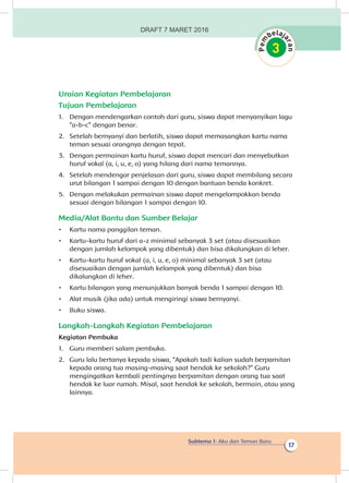 Subtema 1: Aku dan Teman Baru
17
Uraian Kegiatan Pembelajaran
Tujuan Pembelajaran
1.	 Dengan mendengarkan contoh dari guru, siswa dapat menyanyikan lagu
“a-b-c” dengan benar.
2.	 Setelah bernyanyi dan berlatih, siswa dapat memasangkan kartu nama
teman sesuai orangnya dengan tepat.
3.	 Dengan permainan kartu huruf, siswa dapat mencari dan menyebutkan
huruf vokal (a, i, u, e, o) yang hilang dari nama temannya.
4.	 Setelah mendengar penjelasan dari guru, siswa dapat membilang secara
urut bilangan 1 sampai dengan 10 dengan bantuan benda konkret.
5.	 Dengan melakukan permainan siswa dapat mengelompokkan benda
sesuai dengan bilangan 1 sampai dengan 10.
Media/Alat Bantu dan Sumber Belajar
•	 Kartu nama panggilan teman.
•	 Kartu-kartu huruf dari a-z minimal sebanyak 3 set (atau disesuaikan
dengan jumlah kelompok yang dibentuk) dan bisa dikalungkan di leher.
•	 Kartu-kartu huruf vokal (a, i, u, e, o) minimal sebanyak 3 set (atau
disesuaikan dengan jumlah kelompok yang dibentuk) dan bisa
dikalungkan di leher.
•	 Kartu bilangan yang menunjukkan banyak benda 1 sampai dengan 10.
•	 Alat musik (jika ada) untuk mengiringi siswa bernyanyi.
•	 Buku siswa.
Langkah-Langkah Kegiatan Pembelajaran
Kegiatan Pembuka
1.	 Guru memberi salam pembuka.
2.	 Guru lalu bertanya kepada siswa, “Apakah tadi kalian sudah berpamitan
kepada orang tua masing-masing saat hendak ke sekolah?” Guru
mengingatkan kembali pentingnya berpamitan dengan orang tua saat
hendak ke luar rumah. Misal, saat hendak ke sekolah, bermain, atau yang
lainnya.
DRAFT 7 MARET 2016
 