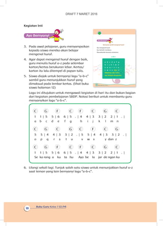Buku Guru Kelas 1 SD/MI
18
Kegiatan Inti
Ayo Bernyanyiyi
3.	 Pada awal pelajaran, guru menyampaikan
kepada siswa mereka akan belajar
mengenal huruf.
4.	 Agar dapat mengenal huruf dengan baik,
guru menulis huruf a-z pada selembar
karton/kertas berukuran lebar. Kertas/
karton itu lalu ditempel di papan tulis.
5.	 Siswa diajak untuk bernyanyi lagu “a-b-c”
sambil guru menunjukkan huruf yang
dimaksud pada lembar kertas. (lihat buku
siswa halaman 12)
Lagu ini ditujukan untuk mengawali kegiatan di hari itu dan bukan bagian
dari kegiatan pembelajaran SBDP. Notasi berikut untuk membantu guru
menyanyikan lagu “a-b-c”.
C G F C F C G C
1 1 | 5 5 | 6 6 | 5 . | 4 4 | 3 3 | 2 2 | 1 . |
a b c d e f g h i j k l m n
C G C G C F C G
5 5 | 4 4 | 3 3 | 2 . | 5 5 | 4 4 | 3 3 | 2 . |
o p q r s t u v w x y dan z
C G F C F C G C
1 1 | 5 5 | 6 6 | 5 . | 4 4 | 3 3 | 2 2 | 1 . |
Se ka rang a ku ta hu Ayo be la jar de ngan ku
6.	 Ulangi sekali lagi. Tunjuk salah satu siswa untuk menunjukkan huruf a-z
saat teman yang lain bernyanyi lagu “a-b-c”.
12 Buku Siswa Kelas 1 SD/MI
Ayo Bernyanyiyi
Bernyanyi sambil mengenal huruf
Ayo mengenal huruf.
Ayo berlatih membaca.
Nyanyikanlah bersama temanmu.
a-b-c
a b c d e f g
h i j k l m n
o p q r s t u
v w x y dan z
Sekarang aku tahu.
Ayo belajar denganku.
DRAFT 7 MARET 2016
 