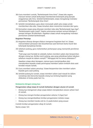 Subtema 1: Aku dan Teman Baru
21
30.	Guru memberi contoh, “Berkelompok lima-lima”. Siswa lalu segera
mencari teman untuk berkumpul membentuk kelompok yang banyak
anggotanya ada lima. Setelah berkelompok, siswa mengulangi instruksi
permainan “Berkelompok lima-lima”.
31.	Setelah menjelaskan, guru akan menunjuk salah satu siswa untuk
memberikan aba-aba. Siswa tersebut akan menerima instruksi dari guru.
32.	Kemudian siswa yang ditunjuk memberi aba-aba,”Berkelompok tiga-tiga”,
“Berkelompok tujuh-tujuh”, begitu seterusnya sampai semua bilangan 1
sampai dengan 10 diberikan. Ingatkan siswa untuk mengulangi instruksi
permainan setelah berkelompok.
Kegiatan Penutup
33.	Kegiatan ditutup dengan diskusi mengenai kegiatan hari ini. Siswa
menceritakan perasaan dan kesulitannya saat bermain kartu huruf dan
kelompok banyaknya benda.
34.	Sebelum pulang, guru melontarkan pertanyaan yang memantik pemikiran
siswa.
“Tadi pagi saat hendak ke sekolah, kalian memberi salam dan berpamitan
dengan orang tua. Ketika nanti pulang, apa yang sebaiknya kalian lakukan
sebelum masuk ke dalam rumah?” “Mengapa hal itu harus dilakukan?”
Jawaban siswa akan beragam, namun guru menyimpulkan dan
menekankan kepada siswa pentingnya memberi salam terlebih dulu saat
hendak masuk rumah.
35.	Guru memberi salam penutup. Siswa berpamitan dan memberi salam
kepada guru saat pulang.
36.	Setelah pulang ke rumah, siswa memberi salam saat masuk ke dalam
rumahnya dan bercerita kepada orang tua tentang kegiatan yang
dilakukan di kelas pada hari itu.
Kerjasama dengan orang tua:
Pengamatan sikap siswa di rumah berkaitan dengan aturan di rumah
•	 Orang tua mengamati sikap siswa dalam menjalankan aturan sehari-hari
di rumah.
•	 Orang tua mengisi lembar pengamatan selama 3 (tiga) hari
•	 Orang tua mengembalikan lembar pengamatan melalui siswa
•	 Orang tua memberi tanda cek lis (√) pada kolom yang sesuai
Contoh lembar pengamatan sikap di rumah:
Nama siswa: Siti
DRAFT 7 MARET 2016
 