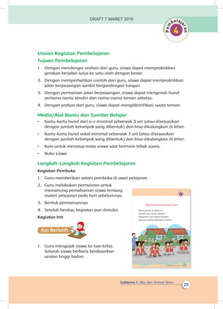 Subtema 1: Aku dan Teman Baru
25
Uraian Kegiatan Pembelajaran
Tujuan Pembelajaran
1.	 Dengan mendengar arahan dari guru, siswa dapat mempraktikkan
gerakan berjalan lurus ke satu arah dengan benar.
2.	 Dengan memperhatikan contoh dari guru, siswa dapat mempraktikkan
jalan berpasangan sambil bergandengan tangan.
3.	 Dengan permainan jalan berpasangan, siswa dapat mengenali huruf
pertama nama sendiri dan nama-nama teman sekelas.
4.	 Dengan arahan dari guru, siswa dapat mengidentifikasi suara teman.
Media/Alat Bantu dan Sumber Belajar
•	 Kartu-kartu huruf dari a-z minimal sebanyak 3 set (atau disesuaikan
dengan jumlah kelompok yang dibentuk) dan bisa dikalungkan di leher.
•	 Kartu-kartu huruf vokal minimal sebanyak 3 set (atau disesuaikan
dengan jumlah kelompok yang dibentuk) dan bisa dikalungkan di leher.
•	 Kain untuk menutup mata siswa saat bermain tebak suara.
•	 Buku siswa.
Langkah-Langkah Kegiatan Pembelajaran
Kegiatan Pembuka
1.	 Guru memberikan salam pembuka di awal pelajaran.
2.	 Guru melakukan permainan untuk
memancing pemahaman siswa tentang
materi pelajaran pada hari sebelumnya.
3.	 Bentuk permainannya
4.	 Setelah berdoa, kegiatan pun dimulai.
Kegiatan Inti
Ayo Berlatihh
1.	 Guru mengajak siswa ke luar kelas.
Seluruh siswa berbaris berdasarkan
urutan tinggi badan.
19Subtema 1: Aku dan Teman Baru
Berjalan Berpasangan dengan Teman
Amati gambar di bawah ini.
Apakah yang mereka lakukan?
Bagaimana cara mereka berjalan?
Apa yang mereka kalungkan di leher?
DRAFT 7 MARET 2016
 