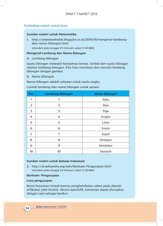 Buku Guru Kelas 1 SD/MI
34
Tambahan materi untuk Guru
Sumber materi untuk Matematika
1.	 http://catatansekolah.blogspot.co.id/2014/10/mengenal-lambang-
dan-nama-bilangan.html
(diunduh pada tanggal 23 Februari, pukul 11.40 WIB)
Mengenal Lambang dan Nama Bilangan
A.	 Lambang Bilangan
Suatu bilangan mewakili banyaknya benda. Simbol dari suatu bilangan
disebut lambang bilangan. Kita bisa membaca dan menulis lambang
bilangan dengan gambar.
B.	 Nama Bilangan
Nama bilangan adalah sebutan untuk suatu angka.
Contoh lambang dan nama bilangan untuk satuan:
No. Lambang Bilangan Nama Bilangan
1 1 Satu
2 2 Dua
3 3 Tiga
4 4 Empat
5 5 Lima
6 6 Enam
7 7 Tujuh
8 8 Delapan
9 9 Sembilan
10 10 Sepuluh
Sumber materi untuk Bahasa Indonesia
2.	 http://id.wikipedia.org/wiki/Bantuan Pengucapan.html
(diunduh pada tanggal 23 Februari, pukul 11.50 WIB)
Bantuan: Pengucapan
Cara pengucapan
Bunyi konsonan terjadi karena penghambatan udara pada daerah
artikulasi (alat bicara). Secara spesisifik, konsonan dapat diucapkan
dengan cara sebagai berikut:
DRAFT 7 MARET 2016
 