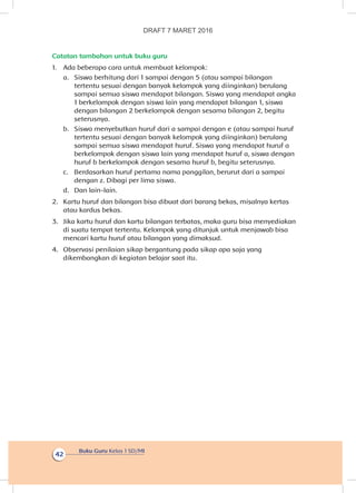 Buku Guru Kelas 1 SD/MI
42
Catatan tambahan untuk buku guru
1.	 Ada beberapa cara untuk membuat kelompok:
a.	 Siswa berhitung dari 1 sampai dengan 5 (atau sampai bilangan
tertentu sesuai dengan banyak kelompok yang diinginkan) berulang
sampai semua siswa mendapat bilangan. Siswa yang mendapat angka
1 berkelompok dengan siswa lain yang mendapat bilangan 1, siswa
dengan bilangan 2 berkelompok dengan sesama bilangan 2, begitu
seterusnya.
b.	 Siswa menyebutkan huruf dari a sampai dengan e (atau sampai huruf
tertentu sesuai dengan banyak kelompok yang diinginkan) berulang
sampai semua siswa mendapat huruf. Siswa yang mendapat huruf a
berkelompok dengan siswa lain yang mendapat huruf a, siswa dengan
huruf b berkelompok dengan sesama huruf b, begitu seterusnya.
c.	 Berdasarkan huruf pertama nama panggilan, berurut dari a sampai
dengan z. Dibagi per lima siswa.
d.	 Dan lain-lain.
2.	 Kartu huruf dan bilangan bisa dibuat dari barang bekas, misalnya kertas
atau kardus bekas.
3.	 Jika kartu huruf dan kartu bilangan terbatas, maka guru bisa menyediakan
di suatu tempat tertentu. Kelompok yang ditunjuk untuk menjawab bisa
mencari kartu huruf atau bilangan yang dimaksud.
4.	 Observasi penilaian sikap bergantung pada sikap apa saja yang
dikembangkan di kegiatan belajar saat itu.
DRAFT 7 MARET 2016
 