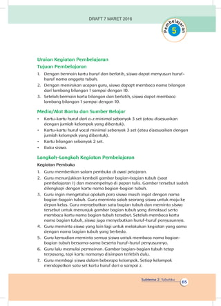Subtema 2: Tubuhku
65
Uraian Kegiatan Pembelajaran
Tujuan Pembelajaran
1.	 Dengan bermain kartu huruf dan berlatih, siswa dapat menyusun huruf-
huruf nama anggota tubuh.
2.	 Dengan menirukan ucapan guru, siswa dapapt membaca nama bilangan
dari lambang bilangan 1 sampai dengan 10.
3.	 Setelah bermain kartu bilangan dan berlatih, siswa dapat membaca
lambang bilangan 1 sampai dengan 10.
Media/Alat Bantu dan Sumber Belajar
•	 Kartu-kartu huruf dari a-z minimal sebanyak 3 set (atau disesuaikan
dengan jumlah kelompok yang dibentuk).
•	 Kartu-kartu huruf vocal minimal sebanyak 3 set (atau disesuaikan dengan
jumlah kelompok yang dibentuk).
•	 Kartu bilangan sebanyak 2 set.
•	 Buku siswa.
Langkah-Langkah Kegiatan Pembelajaran
Kegiatan Pembuka
1.	 Guru memberikan salam pembuka di awal pelajaran.
2.	 Guru menunjukkan kembali gambar bagian-bagian tubuh (saat
pembelajaran 1) dan menempelnya di papan tulis. Gambar tersebut sudah
dilengkapi dengan kartu nama bagian-bagian tubuh.
3.	 Guru ingin mengetahui apakah para siswa masih ingat dengan nama
bagian-bagain tubuh. Guru meminta salah seorang siswa untuk maju ke
depan kelas. Guru menyebutkan satu bagian tubuh dan meminta siswa
tersebut untuk menunjuk gambar bagian tubuh yang dimaksud serta
membaca kartu nama bagian tubuh tersebut. Setelah membaca kartu
nama bagian tubuh, siswa juga menyebutkan huruf-huruf penyusunnya.
4.	 Guru meminta siswa yang lain lagi untuk melakukan kegiatan yang sama
dengan nama bagian tubuh yang berbeda.
5.	 Guru kemudian meminta semua siswa untuk membaca nama bagian-
bagian tubuh bersama-sama beserta huruf-huruf penyusunnya.
6.	 Guru lalu memulai permainan. Gambar bagian-bagian tubuh tetap
terpasang, tapi kartu namanya disimpan terlebih dulu.
7.	 Guru membagi siswa dalam beberapa kelompok. Setiap kelompok
mendapatkan satu set kartu huruf dari a sampai z.
DRAFT 7 MARET 2016
 