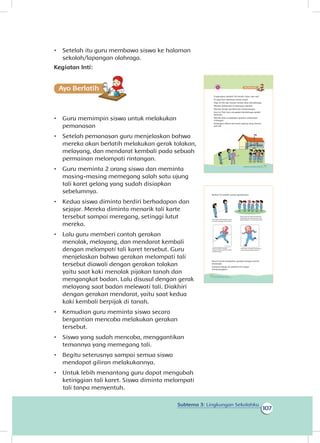 107
Subtema 3: Lingkungan Sekolahku
•	 Setelah itu guru membawa siswa ke halaman
sekolah/lapangan olahraga.
Kegiatan Inti:
Ayo Berlatihh
•	 Guru memimpin siswa untuk melakukan
pemanasan
•	 Setelah pemanasan guru menjelaskan bahwa
mereka akan berlatih melakukan gerak tolakan,
melayang, dan mendarat kembali pada sebuah
permainan melompati rintangan.
•	 Guru meminta 2 orang siswa dan meminta
masing-masing memegang salah satu ujung
tali karet gelang yang sudah disiapkan
sebelumnya.
•	 Kedua siswa diminta berdiri berhadapan dan
sejajar. Mereka diminta menarik tali karte
tersebut sampai meregang, setinggi lutut
mereka.
•	 Lalu guru memberi contoh gerakan
menolak, melayang, dan mendarat kembali
dengan melompati tali karet tersebut. Guru
menjelaskan bahwa gerakan melompati tali
tersebut diawali dengan gerakan tolakan
yaitu saat kaki menolak pijakan tanah dan
mengangkat badan. Lalu disusul dengan gerak
melayang saat badan melewati tali. Diakhiri
dengan gerakan mendarat, yaitu saat kedua
kaki kembali berpijak di tanah.
•	 Kemudian guru meminta siswa secara
bergantian mencoba melakukan gerakan
tersebut.
•	 Siswa yang sudah mencoba, menggantikan
temannya yang memegang tali.
•	 Begitu seterusnya sampai semua siswa
mendapat giliran melakukannya.
•	 Untuk lebih menantang guru dapat mengubah
ketinggian tali karet. Siswa diminta melompati
Lingkungan sekolah Siti bersih, hijau, dan asri.
Di pagi hari udaranya terasa sejuk.
Pagi ini Siti dan teman-teman akan berolahraga.
Mereka berkumpul di lapangan sekolah.
Mereka sangat gembira dan bersemangat.
Hari ini Pak Guru mengajak berolahraga sambil
bermain.
Mereka akan melakukan gerakan melompati
rintangan.
Rintangan dibuat dari karet gelang yang dironce
jadi tali.
101Subtema 3: Lingkungan Sekolahku
Berikut ini adalah urutan gerakannya.
Murid-murid melakukan gerakan dengan penuh
semangat.
Suasana belajar di sekolah Siti sangat
menyenangkan.
Dua siswa merentangkan ujung
tali karet setinggi lutut mereka.
Salah satu kaki menjadi
tumpuan, kaki yang lain lompat
terlebih dahulu
Siswa yang lain berbaris berbanjar
menghadap tali karet dengan jarak
siswa terdepan 2-3 meter dari karet
Kaki kanan mendarat kembali ke
tanah disusul dengan kaki kiri
102 Buku Siswa Kelas 1 SD/MI
tali tanpa menyentuh.
 