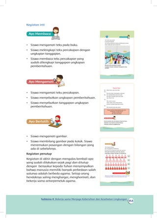 153
Subtema 4: Bekerja sama Menjaga Kebersihan dan Kesehatan Lingkungan
Kegiatan inti
Ayo Membaca
•	 Siswa mengamati teks pada buku.
•	 Siswa melengkapi teks percakapan dengan
ungkapan tanggapan.
•	 Siswa membaca teks percakapan yang
sudah dilengkapi tanggapan ungkapan
pemberitahuan.
Ayo Mengamatii
•	 Siswa mengamati teks percakapan.
•	 Siswa menyebutkan ungkapan pemberitahuan.
•	 Siswa menyebutkan tanggapan ungkapan
pemberitahuan.
Ayo Berlatihh
•	 Siswa mengamati gambar.
•	 Siswa membilang gambar pada kotak. Siswa
menemukan pasangan dengan bilangan yang
ada di sebelahnya.
Kegiatan penutup
Kegiatan di akhir dengan mengulas kembali apa
yang sudah dilakukan sejak pagi dan ditutup
dengan bersyukur kepada Tuhan menyimpulkan
bahwa manusia memiliki banyak perbedaan salah
satunya adalah berbeda agama. Setiap orang
hendaknya saling menghargai, menghormati, dan
bekerja sama antarpemeluk agama.
Siti anak yang sehat.
Ia banyak bergerak.
Siti sering menemani ibunya berbelanja ke pasar.
Pasar tidak jauh dari rumah Siti.
Bacalah teks percakapan berikut.
Lengkapi dengan ungkapan tanggapan yang
tersedia.
143Subtema 4: Bekerja Sama Menjaga Kebersihan dan Kesehatan Lingkungan
Pergi ke Pasar
Ibu : Besok akan ada kerja bakti.
Siti : ...
Ibu pasti akan menyiapkan makanan.
Ibu : Ibu membutuhkan kopi dan gula.
Ibu akan membeli sayur dan buah.
Ayo temani ibu.
Siti : ...
Aku suka ke pasar.
Pasar selalu ramai tetapi bersih.
Semua menjaga kebersihan pasar.
Ibu : ...
Kita berjalan kaki agar sehat.
Amati kembali teks percakapan Pergi ke Pasar.
Sebutkan satu kalimat pemberitahuan.
Sebutkan kalimat tanggapannya.
Setuju, semua orang bekerja sama dan
lingkungan menjadi bersih
Dengan senang hati
Aku suka kerja bakti
144 Buku Siswa Kelas 1 SD/MI
Siti sangat senang.
Ibu mengajaknya berbelanja.
Di pasar Siti mengamati buah dan sayuran.
Hitunglah banyaknya buah dan sayuran.
Pasangkan dengan bilangan di sebelahnya.
87
97
66
55
Kegiatan Bersama Orang Tua
Orang tua mengajak siswa berbelanja di pasar tradisonal
di lingkungan sekitar rumah yang bersih dan sehat.
145Subtema 4: Bekerja Sama Menjaga Kebersihan dan Kesehatan Lingkungan
 