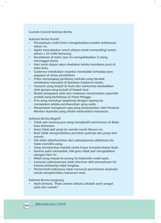 Buku Guru Kelas 1 SD/MI
164
Contoh-Contoh Kalimat Berita
Kalimat Berita Positif
•	 Perusahaan mobil ferari mengeluarkan produk terbarunya
tahun ini.
•	 Apple menciptakan smart phone untuk menandingi smart
phone z 23 milik Samsung.
•	 Kecelakaan di Jalan raya itu mengakibatkan 3 orang
meninggal dunia.
•	 Hari senin depan akan diadakan lomba membaca puisi di
balai kota.
•	 Gubernur melakukan inspeksi mendadak terhadap para
pegawai di dinas pendidikan.
•	 Polisi menangkap gembong narkoba yang hendak
melakukan transaksi di Bandara Soekarno-Hatta.
•	 Tsunami yang terjadi di Aceh dan sekitarnya disebabkan
oleh gempa yang terjadi di bawah laut.
•	 Badan pengawas obat dan makanan menemukan sejumlah
produk yang berbahaya di Pasar Minggu.
•	 Pria yang menutupi wajahnya dengan topeng itu
merupakan pelaku pembunuhan yang sadis.
•	 Masyarakat mengecam apa yang disampaikan oleh Perdana
Menteri Australia yang dinilai melecehkan Indonesia.
Kalimat Berita Negatif
•	 Tidak ada seorang pun yang menghadiri pertemuan di Balai
kota kemarain.
•	 Kami tidak jadi pergi ke rumah nenek liburan ini.
•	 Budi tidak mengindahkan perintah ayahnya dan pergi dari
rumah.
•	 Dia telah diberhentikan dari pekerjaannya akibatnya dia
tidak memiliki uang.
•	 Yang memberikan hadiah untuk Grace ternyata bukan Budi.
•	 Karena sakit mendadak, Pak guru tidak jadi mengadakan
ulangan hari ini.
•	 Mobil yang masuk ke jurang itu bukanlah mobil ayah.
•	 Lamaran pekerjaannya tidak diterima oleh perusahaan itu
karena berkasnya tidak lengkap.
•	 Pemerintah Indonesia tidak menuruti permintaan Australia
untuk menghentikan hukuman mati.
Kalimat Berita Langsung
•	 Ayah berkata, “Pada zaman dahulu sekolah ayah sangat
jauh dari rumah.”
 