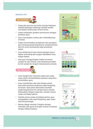11
Subtema 1: Lingkungan Rumahku
Kegiatan Inti:
Ayo Berlatihh
•	 Siswa dan guru ke luar kelas menuju halaman
sekolah/lapangan olahraga sekolah sambil
membawa matras/alas senam lantai.
•	 Siswa melakukan gerakan pemanasan dengan
panduan guru.
•	 Guru menyiapkan matras dan meletakkannya
di lantai.
•	 Siswa memerhatikan penjelasan dan peragaan
guru tentang gerak berguling ke samping kanan
dan kiri serta manfaatnya bagi kesehatan
tubuh.
•	 Guru berbaring di atas matras dengan posisi
badan terlentang dan tangan diletakkan lurus
sejajar badan.
•	 Lalu guru menggulingkan badan ke kanan
sampai ke tepi matras. Lalu berguling kembali
ke kiri sampai ke tengah matras/posisi semula.
Ayo Mencoba
•	 Guru bangkit dan meminta salah satu siswa
maju untuk mempraktikkan gerakan yang baru
dicontohkan guru.
•	 Guru memberikan aba-aba dengan peluit.
Saat peluit pertama berbunyi siswa berguling
ke kanan. Saat peluit dibunyikan kembali
siswa berguling ke kiri sampai posisi semula.
Dilanjutkan dengan siswa lain, sampai semua
siswa mendapat giliran.
•	 Setelah semua siswa mendapat giliran, guru
mengadakan adu cepat berguling, agar siswa
lebih bersemangat.
•	 Matras dibagi menjadi 2 bagian dengan
diitandai oleh garis di tengah matras (misalnya
dengan lakban/isolasi).
Halaman rumah yang bersih dapat menjadi sarana
olahraga.
Kita bisa melakukan senam lantai atau olahraga
lainnya di halaman.
Halaman rumah yang banyak pepohonan akan
memberi udara yang sejuk.
Olahraga di pagi hari akan menyehatkan tubuh kita.
Olahraga di rumah bersama keluarga sangat
menyenangkan.
Kasih sayang keluarga juga jadi semakin kuat.
Sebelum olahraga harus pemanasan terlebih dahulu.
Pemanasan berguna agar otot-otot tubuh kita
menjadi lentur.
9Subtema 1: Lingkungan Rumahku
Udin bisa membantu Ibu membersihkan lantai.
Apakah kalian suka membantu mengepel lantai
rumah?
Dapatkah kamu melakukannya?
Tahukah kamu caranya?
Berikut ini adalah petunjuk cara mengepel lantai.
1
3
5
2
4
6
Siapkan ember, kain pel, dan cairan
pembersih lantai
Tuangkan cairan pembersih
secukupnya
Peras kain pel
Isilah ember dengan air
Masukkan kain pel ke dalam ember
berisi air dan cairan pembersih
Gosokkan kain pel di atas
permukaan lantai yang kotor
11Subtema 1: Lingkungan Rumahku
Pagi ini Udin melakukan olahraga di rumahnya.
Udin akan melakukan gerakan berguling di atas
matras
Udin berguling ke kanan dan ke kiri.
Berikut ini adalah gerakan berguling yang
dilakukan Udin.
Kini kamu akan berjalan di atas balok titian.
Perhatikan cara melakukan gerakannya berikut ini:
Setelah berolahraga tubuh Udin segar.
Semangat Udin pun jadi meningkat.
Olahraga membuat tubuh Udin sehat.
Udin bisa melakukan kegiatan dengan mudah.
Ayo Mencoba
10 Buku Siswa Kelas 1 SD/MI
 