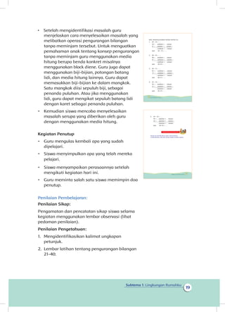 19
Subtema 1: Lingkungan Rumahku
menjelaskan cara menyelesaikan masalah yang
melibatkan operasi pengurangan bilangan
tanpa meminjam tersebut. Untuk menguatkan
pemahaman anak tentang konsep pengurangan
tanpa meminjam guru menggunakan media
hitung berupa benda konkret misalnya
menggunakan block diene. Guru juga dapat
menggunakan biji-bijian, potongan batang
lidi, dan media hitung lainnya. Guru dapat
memasukkan biji-bijian ke dalam mangkok.
Satu mangkok diisi sepuluh biji, sebagai
penanda puluhan. Atau jika menggunakan
lidi, guru dapat mengikat sepuluh batang lidi
dengan karet sebagai penanda puluhan.
•	 Kemudian siswa mencoba menyelesaikan
masalah serupa yang diberikan oleh guru
dengan menggunakan media hitung.
Kegiatan Penutup
•	 Guru mengulas kembali apa yang sudah
dipelajari.
•	
•	 Siswa menyampaikan perasaannya setelah
mengikuti kegiatan hari ini.
•	 Guru meminta salah satu siswa memimpin doa
penutup.
Penilaian Pembelajaran:
Penilaian Sikap:
Pengamatan dan pencatatan sikap siswa selama
kegiatan menggunakan lembar observasi (lihat
pedoman penilaian).
Penilaian Pengetahuan:	
1.	 Mengidentifikasikan kalimat ungkapan
petunjuk.
2.	 Lembar latihan tentang pengurangan bilangan
21-40.
Nah, sekarang kerjakan latihan berikut ini.
1. 24 – 13 = ….
24 = … puluhan + … satuan
13 = … puluhan + … satuan –
… puluhan + … satuan
Jadi 24 – 13 = ….
2. 29 – 15 = ….
29 = … puluhan + … satuan
15 = … puluhan + … satuan –
… puluhan + … satuan
Jadi 29–15 = ….
3. 43 – 11 = ….
43 = … puluhan + … satuan
11 = … puluhan + … satuan –
… puluhan + … satuan
Jadi 43–11 = ….
4. 23 – 13 = ….
23 = … puluhan + … satuan
13 = … puluhan + … satuan –
… puluhan + … satuan
Jadi 23–13 = ….
22 Buku Siswa Kelas 1 SD/MI
5. 24 – 22 = ….
24 = … puluhan + … satuan
22 = … puluhan + … satuan –
… puluhan + … satuan
Jadi 24–22 = ….
Kegiatan Bersama Orang Tua
Orang tua membimbing siswa untuk terbiasa
membersihkan meja dan piring setelah mereka makan.
23Subtema 1: Lingkungan Rumahku
•	 Setelah mengidentifikasi masalah guru
Siswa menyimpulkan apa yang telah mereka
pelajari.
 