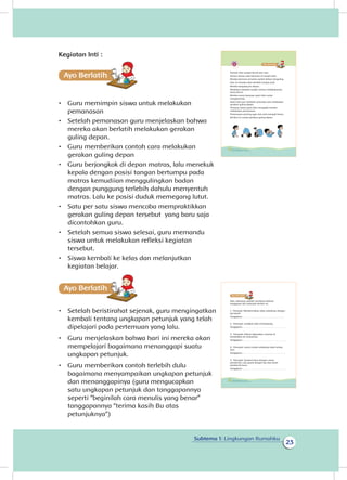 23
Subtema 1: Lingkungan Rumahku
Kegiatan Inti :
Ayo Berlatihh
•	 Guru memimpin siswa untuk melakukan
pemanasan
•	 Setelah pemanasan guru menjelaskan bahwa
mereka akan berlatih melakukan gerakan
guling depan.
•	 Guru memberikan contoh cara melakukan
gerakan guling depan
•	 Guru berjongkok di depan matras, lalu menekuk
kepala dengan posisi tangan bertumpu pada
matras kemudiian menggulingkan badan
dengan punggung terlebih dahulu menyentuh
matras. Lalu ke posisi duduk memegang lutut.
•	 Satu per satu siswa mencoba mempraktikkan
gerakan guling depan tersebut yang baru saja
dicontohkan guru.
•	 Setelah semua siswa selesai, guru memandu
siswa untuk melakukan refleksi kegiatan
tersebut.
•	 Siswa kembali ke kelas dan melanjutkan
kegiatan belajar.
Ayo Berlatihh
•	 Setelah beristirahat sejenak, guru mengingatkan
kembali tentang ungkapan petunjuk yang telah
dipelajari pada pertemuan yang lalu.
•	 Guru menjelaskan bahwa hari ini mereka akan
mempelajari bagaimana menanggapi suatu
ungkapan petunjuk.
•	 Guru memberikan contoh terlebih dulu
bagaimana menyampaikan ungkapan petunjuk
dan menanggapinya (guru mengucapkan
satu ungkapan petunjuk dan tanggapannya
seperti “beginilah cara menulis yang benar”
tanggapannya “terima kasih Bu atas
petunjuknya”)
Nah, sekarang cobalah membuat kalimat
tanggapan dari petunjuk berikut ini.
1. Petunjuk: Membersihkan debu sebaiknya dengan
lap basah
Tanggapan: ……………………………………………..
2. Petunjuk: Letakkan bola di keranjang.
Tanggapan: ……………………………………………….
3. Petunjuk: Selesai digunakan, mainan di
kembalikan ke tempatnya.
Tanggapan: ……………………………………………….
4. Petunjuk: Lantai rumah sebaiknya dipel setiap
hari.
Tanggapan: ……………………………………………….
5. Petunjuk: Semprot kaca dengan cairan
pembersih. Lalu gosok dengan lap atau karet
pembersih kaca.
Tanggapan: ……………………………………………….
26 Buku Siswa Kelas 1 SD/MI
Rumah Udin sangat bersih dan rapi.
Teman-teman suka bermain di rumah Udin.
Mereka bermain di lantai sambil latihan berguling.
Hari ini mereka akan berlatih lompat jauh.
Mereka berguling ke depan.
Meskipun nampak mudah namun melakukannya
harus benar.
Mereka minta bantuan ayah Udin untuk
mengajarinya.
Ayah Udin pun memberi petunjuk cara melakukan
gerakan guling depan.
Pertama-tama ayah Udin mengajak mereka
melakukan pemanasan.
Pemanasan penting agar otot-otot menjadi lentur.
Berikut ini urutan gerakan guling depan
24 Buku Siswa Kelas 1 SD/MI
 