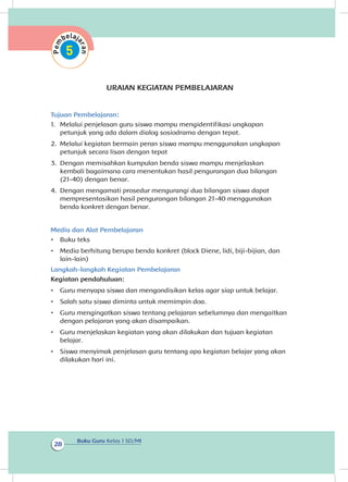 Buku Guru Kelas 1 SD/MI
28
URAIAN KEGIATAN PEMBELAJARAN
Tujuan Pembelajaran:
1.	 Melalui penjelasan guru siswa mampu mengidentifikasi ungkapan
petunjuk yang ada dalam dialog sosiodrama dengan tepat.
2.	 Melalui kegiatan bermain peran siswa mampu menggunakan ungkapan
petunjuk secara lisan dengan tepat
3.	 Dengan memisahkan kumpulan benda siswa mampu menjelaskan
kembali bagaimana cara menentukan hasil pengurangan dua bilangan
(21-40) dengan benar.
4.	 Dengan mengamati prosedur mengurangi dua bilangan siswa dapat
mempresentasikan hasil pengurangan bilangan 21-40 menggunakan
benda konkret dengan benar.
Media dan Alat Pembelajaran
•	 Buku teks
•	 Media berhitung berupa benda konkret (block Diene, lidi, biji-bijian, dan
lain-lain)
Langkah-langkah Kegiatan Pembelajaran
Kegiatan pendahuluan:
•	 Guru menyapa siswa dan mengondisikan kelas agar siap untuk belajar.
•	 Salah satu siswa diminta untuk memimpin doa.
•	 Guru mengingatkan siswa tentang pelajaran sebelumnya dan mengaitkan
dengan pelajaran yang akan disampaikan.
•	 Guru menjelaskan kegiatan yang akan dilakukan dan tujuan kegiatan
belajar.
•	 Siswa menyimak penjelasan guru tentang apa kegiatan belajar yang akan
dilakukan hari ini.
 