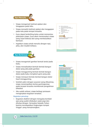 Buku Guru Kelas 1 SD/MI
72
Ayo Menulis
•	 Siswa mengamati kalimat ajakan dan
tanggapan pada teks.
•	 Siswa menyalin kalimat ajakan dan tanggapan
pada teks pada tempat tersedia.
•	 Guru dapat berkeliling kelas untuk memantau
pekerjaan siswa. Guru akan menemukan siswa
yang cepat bekerja dan yang membutuhkan
bantuan.
•	 Ingatkan siswa untuk menulis dengan rapi,
jelas, dan mudah terbaca.
Ayo Berkreasii
•	 Siswa mengamati gambar bentuk lantai pada
buku.
•	 Siswa menyebutkan bentuk-bentuk bangun
datar yang ada pada gambar.
•	 Siswa menggunting bentuk-bentuk bangun
datar pada buku mengikuti garis yang ada.
•	 Siswa menysun bentuk-bentuk bangun datar
hasil menggunting.
•	 Setelah yakin dengan susunan yang dibuatnya,
siswa menempelkan kertas guntingannya
pada tempat tersedia membentuk pengubinan
dihedral.
•	 Jika sudah selesai, siswa berbagi perasaan
mengerjakan kegiatan tersebut.
Kegiatan penutup
•	 Kegiatan diakhiri dengan mengulas kembali
apa yang sudah dilakukan sejak pagi dan
ditutup dengan bersyukur kepada Tuhan
karena mendapatkan lingkungan tempat
tinggal yang menyenangkan.
Dayu : Maaf, aku tidak bisa ikut.
Aku harus menemani ibu ke pasar.
Udin : Terima kasih Lani. Tetapi, lain waktu saja
aku ikut.
Kakiku sedang sakit.
Edo : Semoga cepat sembuh, Udin.
Aku ikut, Lani.
Lani : .... Edo, kita ke balai desa.
Edo : Baiklah.
Amati kalimat ajakan dan tanggapan di depan.
Salinlah pada tempat tersedia.
1 _____________________________________________
2 _____________________________________________
3 _____________________________________________
4 _____________________________________________
5 _____________________________________________
6 _____________________________________________
7 _____________________________________________
67Subtema 2: Lingkungan Sekitar Rumahku
Ayo Berkreasii
Mari kita bantu Siti membuat lantai yang indah.
Berkreasilah dengan guntingan kertasmu.
Guntinglah bentuk bidang datar berikut.
Tempel guntingan kertasmu pada tempat tersedia.
70 Buku Siswa Kelas 1 SD/MI
 