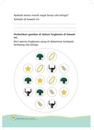 Apakah kamu masih ingat bunyi sila ketiga?
Tulislah di bawah ini.
……………………………………………………………
……………………………………………………………
………………………………….…………………………
Perhatikan gambar di dalam lingkaran di bawah
ini.
Beri warna lingkaran yang di dalamnya terdapat
lambang sila ketiga.
94 Buku Siswa Kelas 1 SD/MI
 