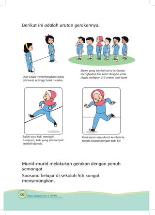 Berikut ini adalah urutan gerakannya.
Murid-murid melakukan gerakan dengan penuh
semangat.
Suasana belajar di sekolah Siti sangat
menyenangkan.
Dua siswa merentangkan ujung
tali karet setinggi lutut mereka.
Salah satu kaki menjadi
tumpuan, kaki yang lain lompat
terlebih dahulu
Siswa yang lain berbaris berbanjar
menghadap tali karet dengan jarak
siswa terdepan 2-3 meter dari karet
Kaki kanan mendarat kembali ke
tanah disusul dengan kaki kiri
102 Buku Siswa Kelas 1 SD/MI
 
