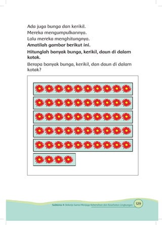 Ada juga bunga dan kerikil.
Mereka mengumpulkannya.
Lalu mereka menghitungnya.
Amatilah gambar berikut ini.
Hitunglah banyak bunga, kerikil, daun di dalam
kotak.
Berapa banyak bunga, kerikil, dan daun di dalam
kotak?
129Subtema 4: Bekerja Sama Menjaga Kebersihan dan Kesehatan Lingkungan
 