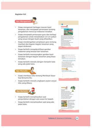 126 Buku Siswa Kelas 1 SD/MI
Ayo Ber
Pohon pepaya banyak
manfaatnya.
Bagian buahnya dapat dimakan.
Bagian daunnya juga dapat dimakan.
Biji pepaya dapat ditanam kembali.
Biji pepaya tumbuh menjadi tanaman baru.
Petani menanam biji pepaya.
Petani rajin merawat tanaman pepaya.
Pohon pepaya tumbuh dan berbuah.
Buah pepaya dipanen dan dijual.
Seorang petani membawa
hasil panen pepaya ke
pasar.
Petani membawa dua
keranjang buah pepaya.
Satu keranjang berisi 23
buah pepaya.
Satu keranjang lainnya
berisi 26 buah pepaya.
Berapa banyak buah pepaya semuanya?
125Subtema 3: Tumbuhan di Sekitarku
Kita dapat membuat makanan tradisional dari
singkong.
Apakah kamu tahu nama makanan yang terbuat
dari kedelai?
Perhatikan teks berikut. Bacalah dengan nyaring.
Membuat Sayur Sup Bersama Ibu
Hari ini Siti membantu ibu memasak.
Siti dan ibu memasak sayur sup.
Siti membantu ibu membersihkan sayuran.
Siti juga membantu ibu memotong sayuran.
Ibu Siti pandai memasak sayur sup.
Sayur sup buatan Ibu Siti enak rasanya.
A
Perhatikan kembali cerita tersebut.
Tulislah 3 kalimat pujian yang sesuai dengan cerita.
1.
2.
3.
122 Buku Siswa Kelas 1 SD/MI
A
Perhatikan gambar berikut.
Tanaman terdiri atas beberapa bagian.
Ada akar, batang, daun, buah, biji, dan bunga.
Setiap bagian tanaman memiliki manfaat.
Salah satu manfaat tanaman adalah sebagai
makanan.
Ada yang dimakan bagian buahnya.
Contohnya jeruk dan pepaya.
Ada yang hanya dimakan bagian daunnya.
Misalnya bayam dan kangkung.
Ada yang hanya dimakan bijinya.
Misalnya kedelai dan kacang hijau.
113Subtema 3: Tanaman di Sekitarku
Kegiatan Inti
A
•	 Siswa mengamati berbagai macam hasil
tanaman, dan menjawab pertanyaan tentang
pengalaman mencicipi makanan tersebut.
•	 Siswa menjawab pertanyaan guru dan berbagi
pengalaman untuk menjelaskan ciri-ciri pohon
yang sesuai dengan buah yang dihasilkan.
•	 Siswa mendengarkan penjelasan guru tentang
manfaat dan bagian-bagian tanaman yang
dapat dinikmati.
•	 Siswa berlatih mengidentifikasi gambar
makanan yang berasal dari tanaman.
•	 Siswa berlatih memasangkan gambar hasil
tanaman dengan bagian tanaman yang biasa
dimakan.
•	 Siswa berlatih menulis dengan menyalin kata
yang ada pada buku.
•	 Siswa membaca teks tentang Membuat Sayur
Sop Bersama Ibu.
•	 Siswa berlatih menulis ungkapan pujian sesuai
teks yang dibaca.
•	 Siswa berlatih menyelesaikan soal
penjumlahan dengan cara susun ke bawah.
•	 Siswa berlatih menyelesaikan soal yang ada
pada buku.
 