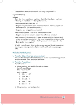 119Subtema 3: Tanaman di Sekitarku
•	 Siswa berlatih menyelesaikan soal-soal yang ada pada buku.
Kegiatan Penutup
Refleksi
•	 Guru dan siswa melakukan kegiatan refleksi hari itu. Dalam kegiatan
refleksi guru memberikan beberapa berikut ini.
~~ Apa yang kamu pelajari hari ini?
~~ Bagaimana perasaanmu saat merawat tanaman, menulis pujian, dan
menyelesaikan soal-soal Matematika?
~~ Kegiatan apa yang paling kamu sukai?
~~ Informasi apa yang ingin kamu ketahui lebih lanjut?
~~ Bagaimana caramu untuk mendapatkan informasi tersebut?
~~ Pertanyaan yang diajukan guru pada kegiatan refleksi dapat dijawab
siswa secara lisan atau tulisan. Jika guru menginginkan siswa menulis
jawaban pertanyaan refleksi sebaiknya siswa memiliki sebuah buku
tulis khusus untuk refleksi.
•	 Di akhir pembelajaran, siswa berdoa bersama sesuai dengan agama dan
kepercayaan masing-masing dipimpin oleh salah satu siswa petugas
piket.
Penilaian Pembelajaran:
1.	 Penilaian Sikap: Observasi selama kegiatan
Pengamatan dan pencatatan sikap siswa selama kegiatan menggunakan
lembar observasi (lihat pedoman penilaian).
2.	 Penilaian Pengetahuan
Tes tertulis: Skor
a.	 Menyelesaikan soal-soal latihan penjumlahan
Jumlah soal: 5 buah
Skor maksimal: 100
Kunci Jawaban:
1.	 53 + 44 = 97
2.	 22 + 11 = 33
3.	 10 + 31 = 41
4.	 25 + 22 = 47
5.	 26 + 21 = 47
b.	 Menyelesaikan soal-soal pecahan
 