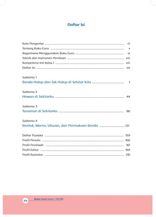 Buku Guru Kelas 1 SD/MI
xiv
Daftar Isi
Kata Pengantar .................................................................................................... 	 iii
Tentang Buku Guru ............................................................................................. 	 v
Bagaimana Menggunakan Buku Guru .............................................................. 	 vi
Teknik dan Instrumen Penilaian ........................................................................ 	viii
Kompetensi Inti Kelas I ....................................................................................... 	xiii
Daftar Isi ............................................................................................................... 	 xiv
Subtema 1
Benda Hidup dan Tak Hidup di Sekitar Kita ......................................... 	1
Subtema 2
Hewan di Sekitarku ....................................................................................... 	44
Subtema 3
Tanaman di Sekitarku ................................................................................... 	80
Subtema 4
Bentuk, Warna, Ukuran, dan Permukaan Benda .................................	 121
Daftar Pustaka .................................................................................................... 	159
Profil Penulis ....................................................................................................... 	160
Profil Penelaah ................................................................................................... 	161
Profil Editor ......................................................................................................... 	169
Profil Ilustrator .................................................................................................... 	170
 