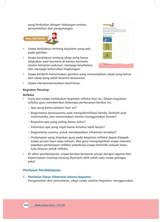 178 Buku Siswa Kelas 1 SD/MI
A
Perhatikan gambar berikut.
Berikan tanda () pada perbuatan yang benar.
Berikan tanda () pada perbuatan yang salah.
Tuliskan pula alasannya.
154 Buku Guru Kelas 1 SD/MI
yang berkaitan dengan hubungan antara
penjumlahan dan pengurangan.
Ayo Ber
•	 Siswa berdiskusi tentang kegiatan yang ada
pada gambar.
•	 Siswa berdiskusi tentang sikap yang harus
dilakukan saat bermain di taman bermain,
aturan kerapian pakaian, menjaga kesehatan,
dan menjaga kebersihan lingkungan.
•	 Siswa berlatih menentukan gambar yang menunjukkan sikap yang benar
dan sikap yang salah beserta alasannya.
•	 Siswa mempresentasikan hasil kerja.
Kegiatan Penutup
Refleksi
•	 Guru dan siswa melakukan kegiatan refleksi hari itu. Dalam kegiatan
refleksi guru memberikan beberapa pertanyaan berikut ini.
~~ Apa yang kamu pelajari hari ini?
~~ Bagaimana perasaanmu saat mengidentifikasi benda, berlatih soal
matematika, dan menentukan aturan menggunakan benda?
~~ Kegiatan apa yang paling kamu sukai?
~~ Informasi apa yang ingin kamu ketahui lebih lanjut?
~~ Bagaimana caramu untuk mendapatkan informasi tersebut?
~~ Pertanyaan yang diajukan guru pada kegiatan refleksi dapat dijawab
siswa secara lisan atau tulisan. Jika guru menginginkan siswa menulis
jawaban pertanyaan refleksi sebaiknya siswa memiliki sebuah buku
tulis khusus untuk refleksi.
•	 Di akhir pembelajaran, siswa berdoa bersama sesuai dengan agama dan
kepercayaan masing-masing dipimpin oleh salah satu siswa petugas
piket.
Penilaian Pembelajaran:
1.	 Penilaian Sikap: Observasi selama kegiatan
Pengamatan dan pencatatan sikap siswa selama kegiatan menggunakan
 