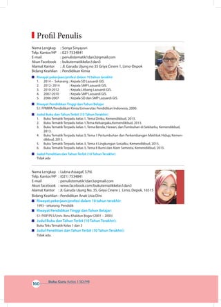 Buku Guru Kelas 1 SD/MI
160
Nama Lengkap	 : 	Sonya Sinyayuri	
Telp. Kantor/HP	 : 	021-7534841
E-mail	 : 	penulistematik1dan3@gmail.com
Akun Facebook	 : 	bukutematikkelas1dan3
Alamat Kantor	 : 	Jl. Garuda Ujung no 35 Griya Cinere 1, Limo-Depok
Bidang Keahlian	 : 	Pendidikan Kimia
	 Riwayat pekerjaan/profesi dalam 10 tahun terakhir
1.	 2014 – Sekarang	: Kepala SD Lazuardi GIS.
2.	 2012- 2014	 : Kepala SMP Lazuardi GIS.
3.	 2010-2012	 : Kepala Litbang Lazuardi GIS.
4.	 2007-2010	 : Kepala SMP Lazuardi GIS.
5.	 2006-2007	 : Kepala SD dan SMP Lazuardi GIS.
	 Riwayat Pendidikan Tinggi dan Tahun Belajar
S1: FPMIPA/Pendidikan Kimia/Universitas Pendidikan Indonesia, 2000.
	 Judul Buku dan Tahun Terbit (10 Tahun Terakhir)
1.	 Buku Tematik Terpadu kelas 1, Tema Diriku, Kemendikbud, 2013.
2.	 Buku Tematik Terpadu kelas 1,Tema Keluargaku,Kemendikbud, 2013.
3.	 Buku Tematik Terpadu kelas 1, Tema Benda, Hewan, dan Tumbuhan di Sekitarku, Kemendikbud,
2013.
4.	 Buku Tematik Terpadu kelas 3, Tema 1 Pertumbuhan dan Perkembangan Makhluk Hidup, Kemen-
dikbud, 2015.
5.	 Buku Tematik Terpadu kelas 3, Tema 4 Lingkungan Sosialku, Kemendikbud, 2015.
6.	 Buku Tematik Terpadu kelas 3, Tema 8 Bumi dan Alam Semesta, Kemendikbud, 2015.
	 Judul Penelitian dan Tahun Terbit (10 Tahun Terakhir)
Tidak ada
Nama Lengkap	 : 	Lubna Assagaf, S.Pd.	
Telp. Kantor/HP	 : 	(021) 7534841
E-mail	 : 	penulistematik1dan3@gmail.com
Akun facebook	 : 	www.facebook.com/bukutematikkelas1dan3
Alamat Kantor	 : Jl. Garuda Ujung No. 35, Griya Cinere I, Limo, Depok, 16515
Bidang Keahlian	: 	Pendidikan Anak Usia Dini
	 Riwayat pekerjaan/profesi dalam 10 tahun terakhir:
1993 - sekarang: Pendidik
	 Riwayat Pendidikan Tinggi dan Tahun Belajar:
S1: FKIP/PLS/Univ. Ibnu Khaldun Bogor (2001 – 2003)
	 Judul Buku dan Tahun Terbit (10 Tahun Terakhir):
Buku Teks Tematik Kelas 1 dan 3
	 Judul Penelitian dan Tahun Terbit (10 Tahun Terakhir):
Tidak ada.
	Profil Penulis
 