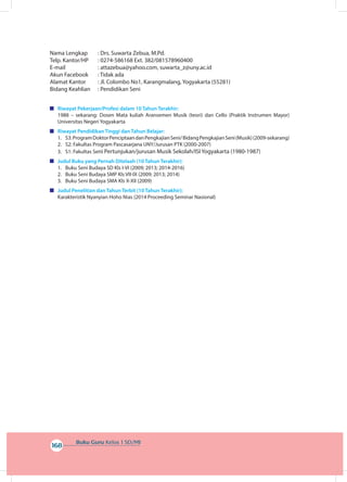 Buku Guru Kelas 1 SD/MI
168
Nama Lengkap		 : Drs. Suwarta Zebua, M.Pd. 	
Telp. Kantor/HP	 : 0274-586168 Ext. 382/081578960400
E-mail		 : attazebua@yahoo.com, suwarta_z@uny.ac.id
Akun Facebook		 : Tidak ada
Alamat Kantor		 : Jl. Colombo No1, Karangmalang, Yogyakarta (55281)
Bidang Keahlian	 : Pendidikan Seni
	 Riwayat Pekerjaan/Profesi dalam 10 Tahun Terakhir:
1988 – sekarang: Dosen Mata kuliah Aransemen Musik (teori) dan Cello (Praktik Instrumen Mayor)
Universitas Negeri Yogyakarta
	 Riwayat Pendidikan Tinggi dan Tahun Belajar:
1.	 S3:ProgramDoktorPenciptaandanPengkajianSeni/BidangPengkajianSeni(Musik)(2009-sekarang)
2.	 S2: Fakultas Program Pascasarjana UNY/Jurusan PTK (2000-2007)
3.	 S1: Fakultas Seni Pertunjukan/jurusan Musik Sekolah/ISI Yogyakarta (1980-1987)
	 Judul Buku yang Pernah Ditelaah (10 Tahun Terakhir):
1.	 Buku Seni Budaya SD Kls I-VI (2009; 2013; 2014-2016)
2.	 Buku Seni Budaya SMP Kls VII-IX (2009; 2013; 2014)
3.	 Buku Seni Budaya SMA Kls X-XII (2009)
	 Judul Penelitian dan Tahun Terbit (10 Tahun Terakhir):
Karakteristik Nyanyian Hoho Nias (2014 Proceeding Seminar Nasional)
 