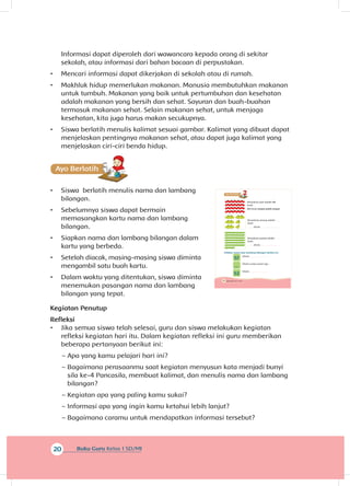 20 Buku Guru Kelas 1 SD/MI
Informasi dapat diperoleh dari wawancara kepada orang di sekitar
sekolah, atau informasi dari bahan bacaan di perpustakan.
•	 Mencari informasi dapat dikerjakan di sekolah atau di rumah.
•	 Makhluk hidup memerlukan makanan. Manusia membutuhkan makanan
untuk tumbuh. Makanan yang baik untuk pertumbuhan dan kesehatan
adalah makanan yang bersih dan sehat. Sayuran dan buah-buahan
termasuk makanan sehat. Selain makanan sehat, untuk menjaga
kesehatan, kita juga harus makan secukupnya.
•	 Siswa berlatih menulis kalimat sesuai gambar. Kalimat yang dibuat dapat
menjelaskan pentingnya makanan sehat, atau dapat juga kalimat yang
menjelaskan ciri-ciri benda hidup.
A
•	 Siswa berlatih menulis nama dan lambang
bilangan.
•	 Sebelumnya siswa dapat bermain
memasangkan kartu nama dan lambang
bilangan.
•	 Siapkan nama dan lambang bilangan dalam
kartu yang berbeda.
•	 Setelah diacak, masing-masing siswa diminta
mengambil satu buah kartu.
•	 Dalam waktu yang ditentukan, siswa diminta
menemukan pasangan nama dan lambang
bilangan yang tepat.
Kegiatan Penutup
Refleksi
•	 Jika semua siswa telah selesai, guru dan siswa melakukan kegiatan
refleksi kegiatan hari itu. Dalam kegiatan refleksi ini guru memberikan
beberapa pertanyaan berikut ini:
~~ Apa yang kamu pelajari hari ini?
~~ Bagaimana perasaanmu saat kegiatan menyusun kata menjadi bunyi
sila ke-4 Pancasila, membuat kalimat, dan menulis nama dan lambang
bilangan?
~~ Kegiatan apa yang paling kamu sukai?
~~ Informasi apa yang ingin kamu ketahui lebih lanjut?
~~ Bagaimana caramu untuk mendapatkan informasi tersebut?
24 Buku Siswa Kelas 1 SD/MI
Banyaknya apel adalah 44
buah.
44 ditulis empat puluh .
Banyaknya pisang adalah
buah.
ditulis .
Banyaknya pepaya adalah
buah.
ditulis .
Tuliskan nama atau lambang bilangan berikut ini.
57
Ditulis
...
Ditulis empat puluh tiga
52
Ditulis
empat
 
