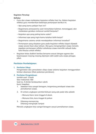 56 Buku Guru Kelas 1 SD/MI
Kegiatan Penutup
Refleksi
•	 Guru dan siswa melakukan kegiatan refleksi hari itu. Dalam kegiatan
refleksi guru memberikan beberapa pertanyaan berikut ini.
~~ Apa yang kamu pelajari hari ini?
~~ Bagaimana perasaanmu saat menuliskan kalimat, menanggapi, dan
melakukan gerakan meloncat sambil berputar?
~~ Kegiatan apa yang paling kamu sukai?
~~ Informasi apa yang ingin kamu ketahui lebih lanjut?
~~ Bagaimana caramu untuk mendapatkan informasi tersebut?
~~ Pertanyaan yang diajukan guru pada kegiatan refleksi dapat dijawab
siswa secara lisan atau tulisan. Jika guru menginginkan siswa menulis
jawaban pertanyaan refleksi sebaiknya siswa memiliki sebuah buku
tulis khusus untuk refleksi.
•	 Kegiatan kelas diakhiri berdoa bersama sesuai dengan agama dan
kepercayaan masing-masing dipimpin oleh salah satu siswa petugas
piket.
Penilaian Pembelajaran:
1.	 Penilaian Sikap:
Pengamatan dan pencatatan sikap siswa selama kegiatan menggunakan
lembar observasi (lihat pedoman penilaian).
2.	 Penilaian Pengetahuan
Jumlah soal: 3 buah
Skor maksimal: 100
Soal no. 4 dinilai berdasarkan rubrik
Kunci Jawaban
1.	 Jawaban bisa sangat beragam, tergantung pendapat siswa dan
pemahaman siswa.
2.	 Di antara ungkapan pemberitahuan yang ada pada teks adalah
~~ Menurut beni, kera tinggal di darat.
~~ Menurut Edo, kera tinggal di pohon
3.	 Dilarang memancing
Dilarang menginjak rumput
Menulis ungkapan bisa sangat beragam sesuai pemahaman siswa.
 
