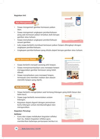 76 Buku Guru Kelas 1 SD/MI
Kegiatan Inti
A
•	 Siswa mengamati gambar kemasan pakan
ikan.
•	 Siswa mengamati ungkapan pemberitahuan
yang ada kemasan pakan tersebut, baik berupa
gambar atau tulisan.
•	 Siswa menuliskan ungkapan pemberitahuan
sesuai gambar.
•	 Lalu siswa berlatih membuat kemasan pakan hewan dilengkapi dengan
ungkapan pemberitahuan.
•	 Ungkapan pemberitahuan yang ditulis dapat berupa gambar atau tulisan.
•	 Siswa berlatih menjadi seorang ahli hewan.
•	 Siswa mempresentasikan cara merawat hewan
menggunakan gambar kemasan yang telah
dibuat.
•	 Siswa menjelaskan cara merawat hewan,
termasuk cara memberi makan dan alasan
memilih hewan yang dipiih.
Ayo Ber
•	 Siswa berlatih mengerjakan soal tentang bilangan yang lebih besar dan
lebih kecil.
•	 Siswa juga berlatih menentukan urutan
bilangan.
•	 Kegiatan dapat diganti dengan permainan
kartu bilangan untuk membandingkan dan
mengurutkan.
Kegiatan Penutup
Refleksi
•	 Guru dan siswa melakukan kegiatan refleksi
hari itu. Dalam kegiatan refleksi guru
memberikan beberapa pertanyaan berikut ini.
83Subtema 2: Hewan di Sekitarku
Perhatikan bungkus kemasan
makanan ikan di samping.
Apa saja pemberitahuan yang
dapat kamu temui pada bungkus
kemasan tersebut?
1.
2.
3.
4.
5.
85Subtema 2: Hewan di Sekitarku
Cobalah memainkan peran seperti seorang ahli
hewan.
Tuliskan terlebih dahulu informasi yang ingin kamu
sampaikan.
Jelaskan cara merawat hewan menggunakan
gambar makanan hewan yang telah kamu buat.
Jelaskan cara memberi makanan yang tepat.
Jelaskan pula cara merawat hewan tersebut.
Berikan pula alasanmu memilih hewan tersebut.
Sampaikan informasi di depan teman-temanmu.
87Subtema 2: Hewan di Sekitarku
Coba selesaikan soal-soal berikut.
Isilah titik-titik dengan kata-kata “lebih dari” atau
“kurang dari”.
1. 66 ................................ 87
2. 98 ................................ 43
3. 77 ................................ 75
4. 65 ................................ 54
5. 46 ................................ 88
Urutkan bilangan berikut ini mulai dari yang
terkecil
1. 47 87 67 77 57 
2. 65 55 45 85 75 
Urutkan bilangan berikut ini mulai dari yang
terbesar
1. 36 76 96 56 16 
2. 77 64 67 72 97 
 