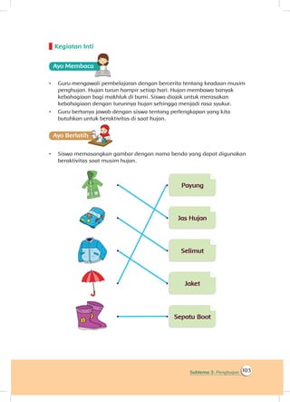 103Subtema 3: Penghujan
Kegiatan Inti
Ayo Membaca
•	 Guru mengawali pembelajaran dengan bercerita tentang keadaan musim
penghujan. Hujan turun hampir setiap hari. Hujan membawa banyak
kebahagiaan bagi makhluk di bumi. Siswa diajak untuk merasakan
kebahagiaan dengan turunnya hujan sehingga menjadi rasa syukur.
•	 Guru bertanya jawab dengan siswa tentang perlengkapan yang kita
butuhkan untuk beraktivitas di saat hujan.
Ayo Berlatihh
•	 Siswa memasangkan gambar dengan nama benda yang dapat digunakan
beraktivitas saat musim hujan.
 