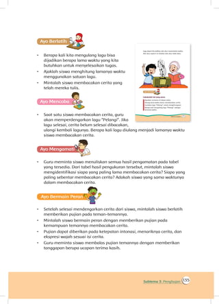 135Subtema 3: Penghujan
Ayo Berlatihh
•	 Berapa kali kita mengulang lagu bisa
dijadikan berapa lama waktu yang kita
butuhkan untuk menyelesaikan tugas.
•	 Ajaklah siswa menghitung lamanya waktu
menggunakan satuan lagu.
•	 Mintalah siswa membacakan cerita yang
telah mereka tulis.
Ayo Mencoba
•	 Saat satu siswa membacakan cerita, guru
akan memperdengarkan lagu “Pelangi”. Jika
lagu selesai, cerita belum selesai dibacakan,
ulangi kembali lagunya. Berapa kali lagu diulang menjadi lamanya waktu
siswa membacakan cerita.
Ayo Mengamatii
•	 Guru meminta siswa menuliskan semua hasil pengamatan pada tabel
yang tersedia. Dari tabel hasil pengukuran tersebut, mintalah siswa
mengidentifikasi siapa yang paling lama membacakan cerita? Siapa yang
paling sebentar membacakan cerita? Adakah siswa yang sama waktunya
dalam membacakan cerita.
Ayo Bermain Peran
•	 Setelah selesai mendengarkan cerita dari siswa, mintalah siswa berlatih
memberikan pujian pada teman-temannya.
•	 Mintalah siswa bermain peran dengan memberikan pujian pada
kemampuan temannya membacakan cerita.
•	 Pujian dapat diberikan pada ketepatan intonasi, menariknya cerita, dan
ekspresi wajah sesuai isi cerita.
•	 Guru meminta siswa membalas pujian temannya dengan memberikan
tanggapan berupa ucapan terima kasih.
 