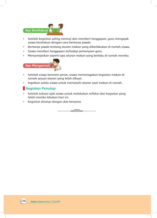 Buku Guru Kelas 1 SD/MI136
Ayo Berdiskusisi
•	 Setelah kegiatan saling memuji dan memberi tanggapan, guru mengajak
siswa berdiskusi dengan cara bertanya jawab.
•	 Bertanya jawab tentang aturan makan yang diberlakukan di rumah siswa.
•	 Siswa memberi tanggapan terhadap pertanyaan guru.
•	 Menyampaikan seperti apa aturan makan yang berlaku di rumah mereka.
Ayo Mengamatii
•	 Setelah siswa bermain peran, siswa memeragakan kegiatan makan di
rumah sesuai aturan yang telah dibuat.
•	 Ingatkan selalu siswa untuk mematuhi aturan saat makan di rumah.
Kegiatan Penutup
•	 Setelah selesai ajak siswa untuk melakukan refleksi dari kegiatan yang
telah mereka lakukan hari ini.
•	 Kegiatan ditutup dengan doa bersama
 