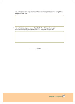 139Subtema 3: Penghujan
3.	 Hal-hal apa saja menjadi catatan keberhasilan pembelajaran yang telah
Bapak/Ibu lakukan?
4.	 Hal-hal apa saja yang harus diperbaiki dan ditingkatkan agar
pembelajaran yang Bapak/Ibu lakukan menjadi lebih efektif?
 